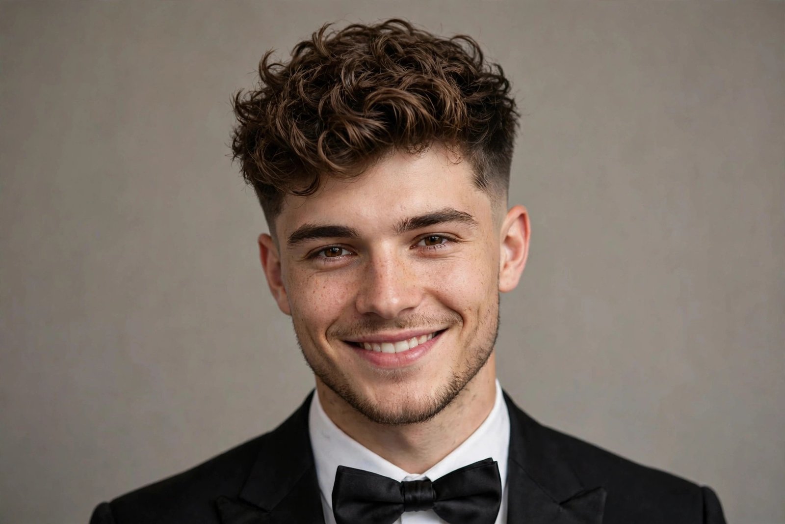 Confident young man in a suit with a sharp prom hairstyle, smiling at the camera