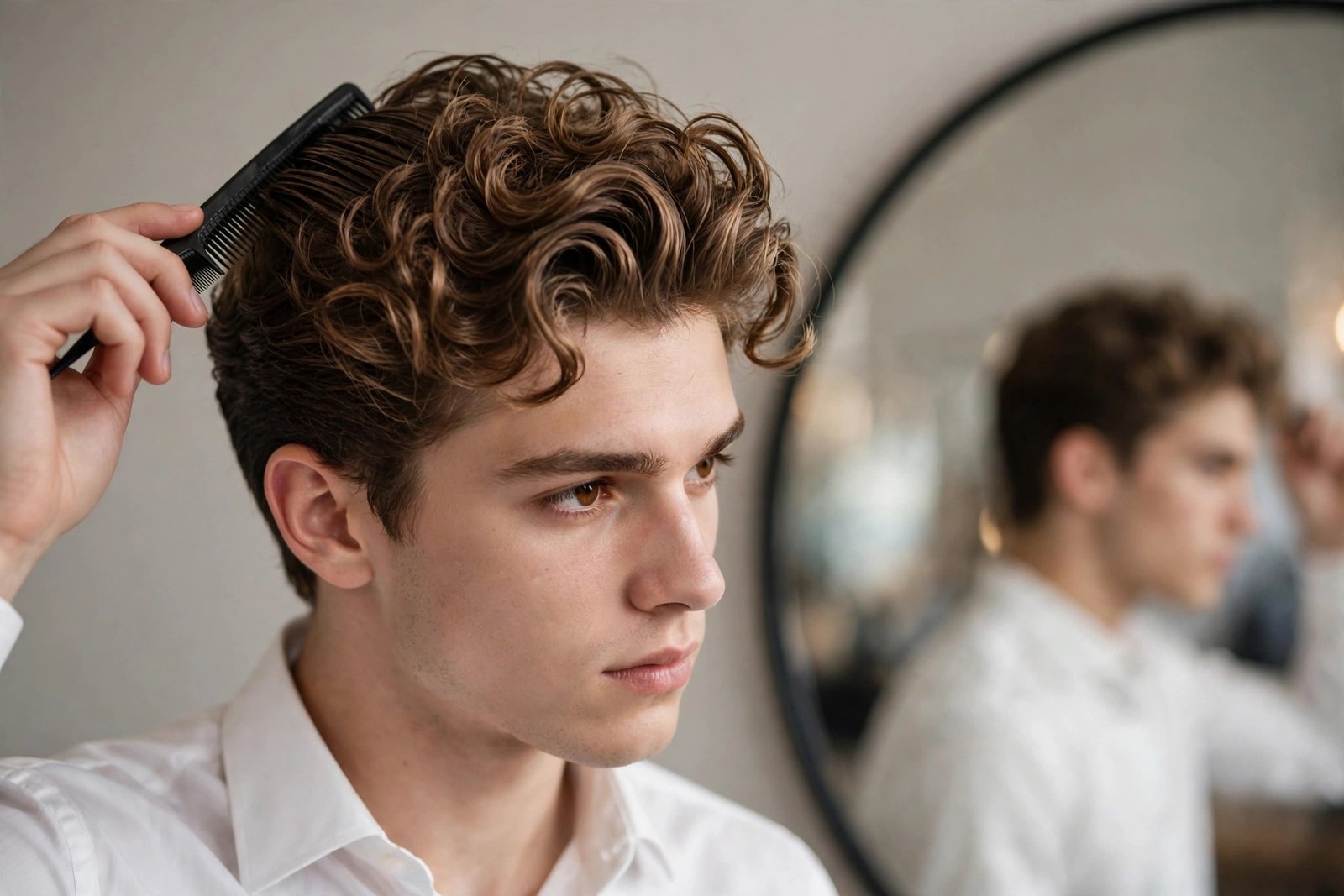 Man styling his hair before prom, applying product with a comb in front of a mirror