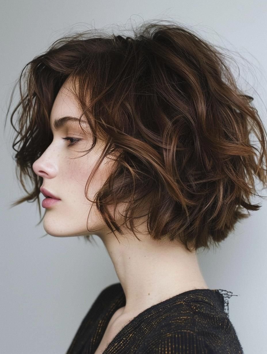 Woman with a sun-kissed wavy Riviera bob outdoors in golden light