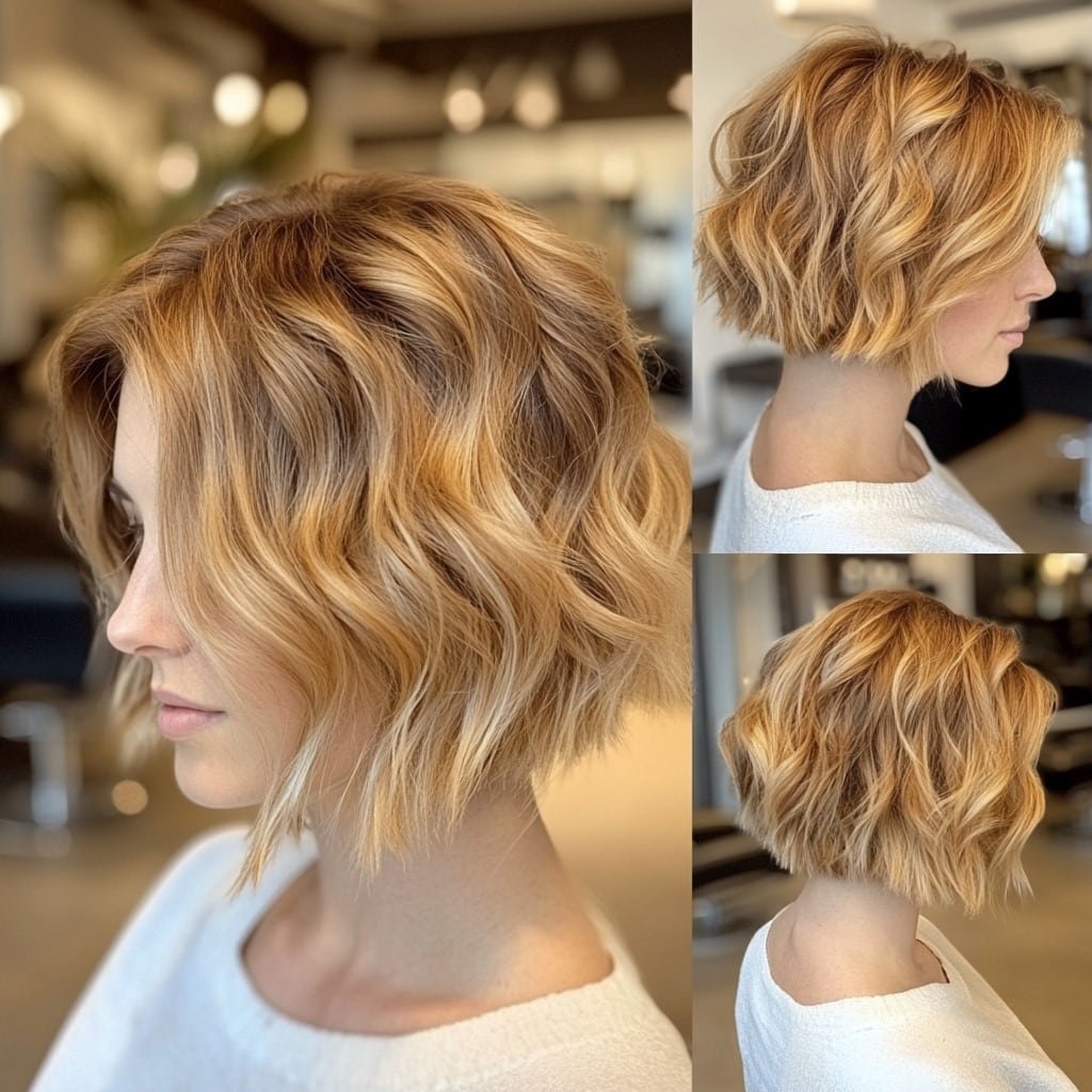 Tousled wavy Riviera bob with textured ends, side profile