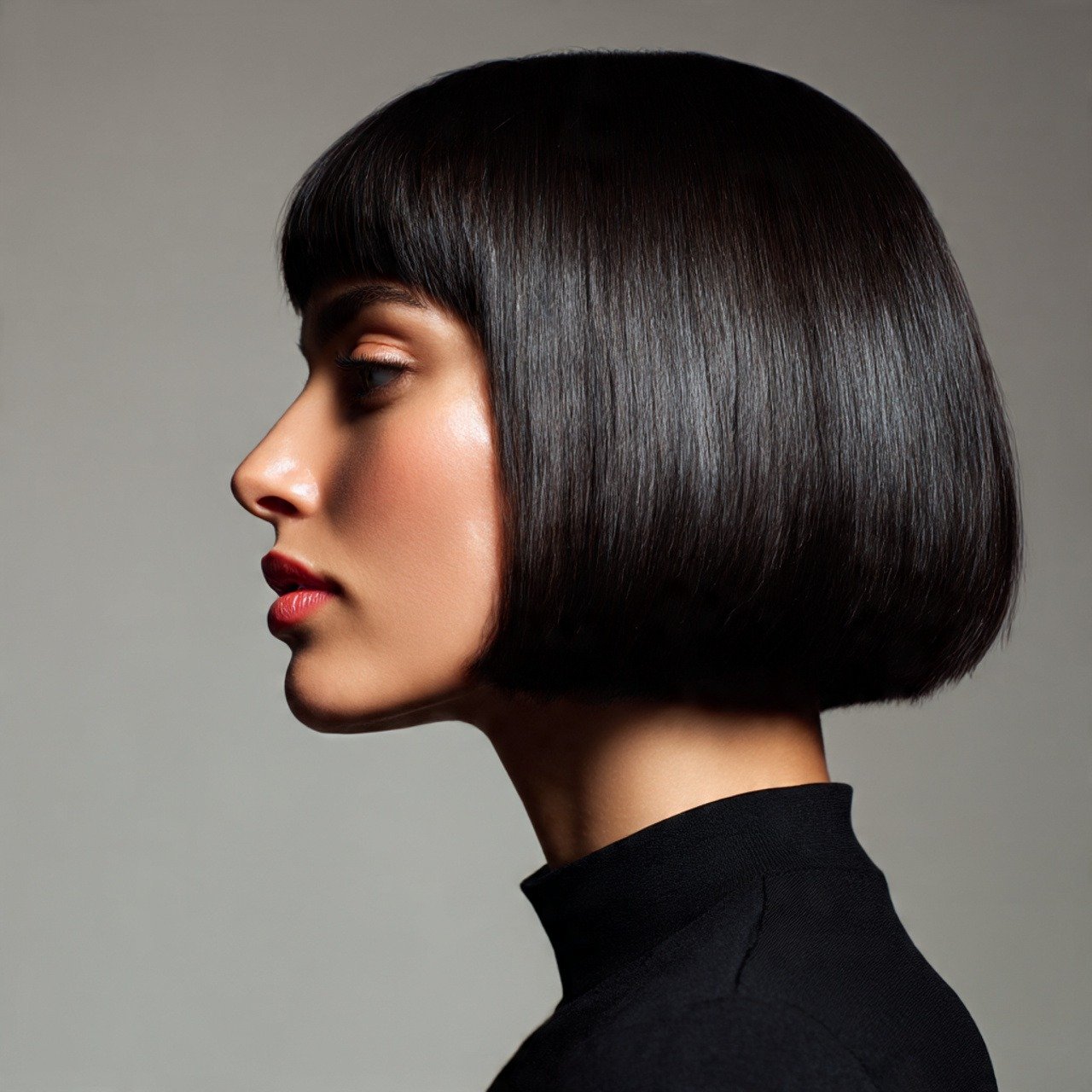 Sleek chin-length bob with fringe — Riviera bob street style