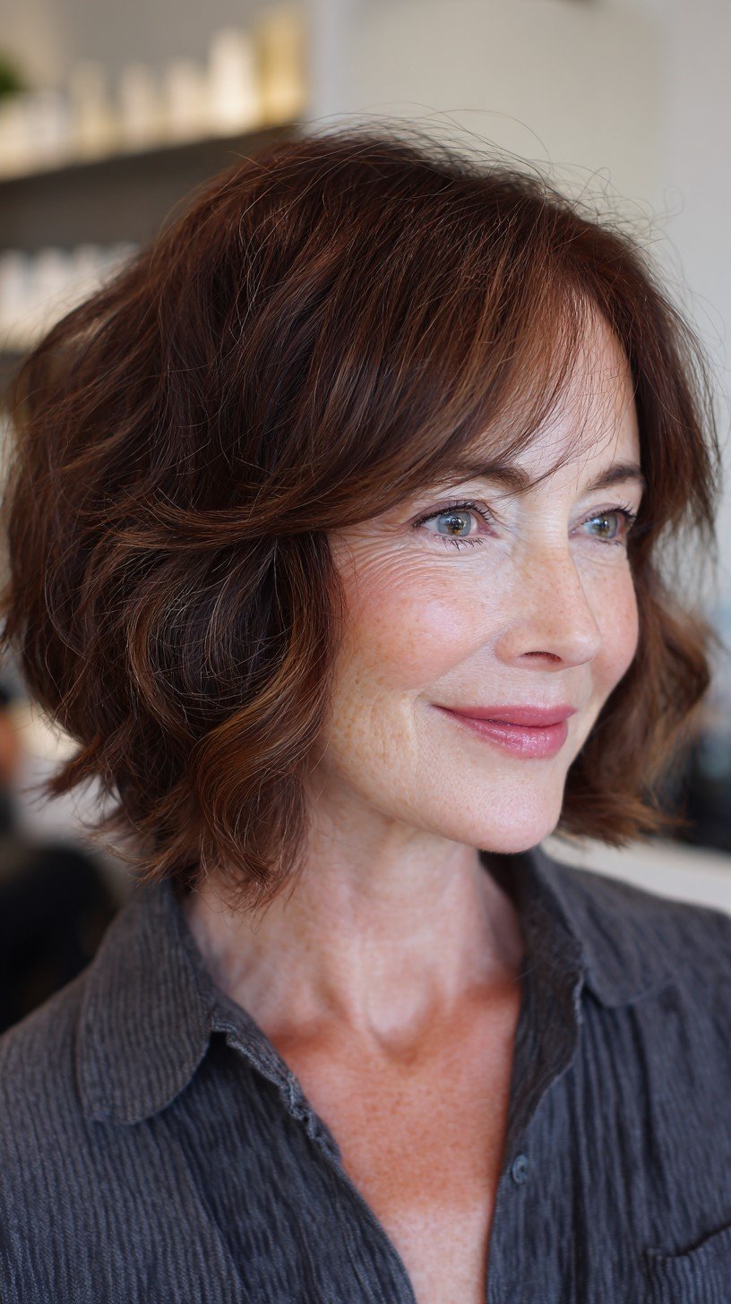 Riviera bob with soft curtain bangs and layered waves