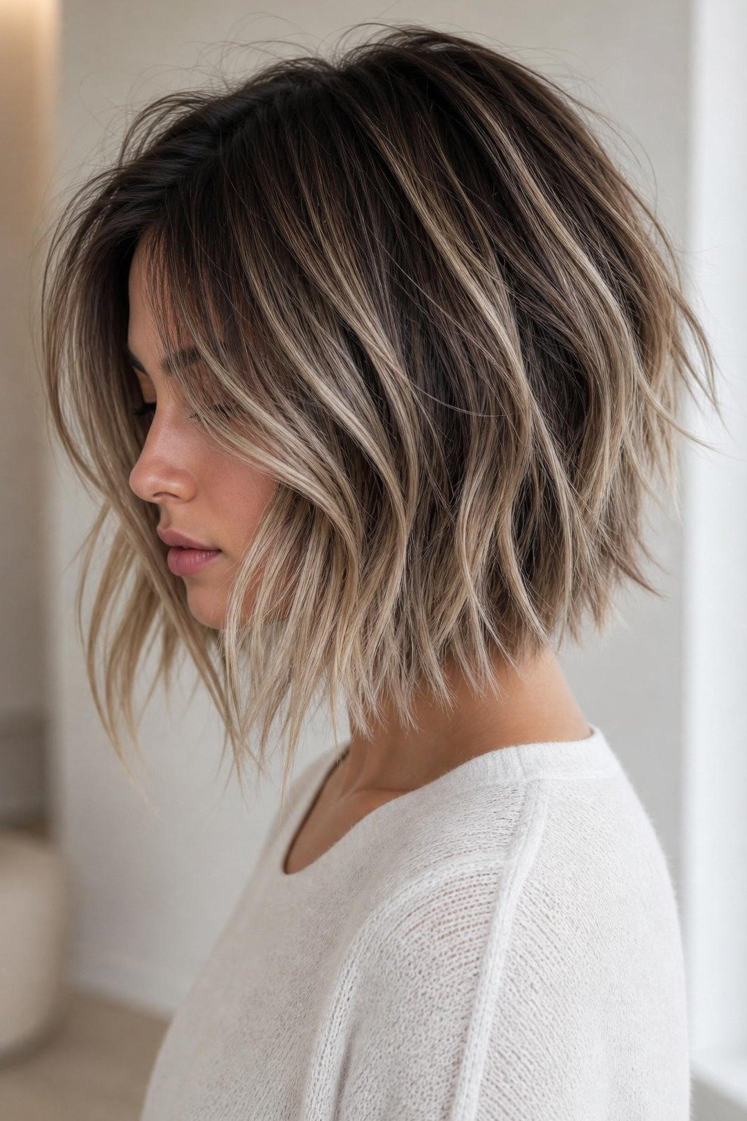 Riviera bob with blunt ends on fine hair, chin length