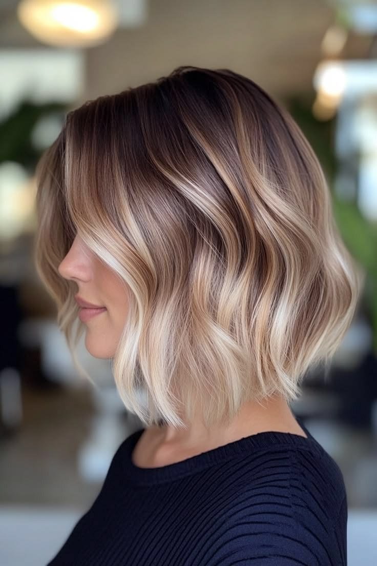 Layered Riviera bob with blonde highlights and volume