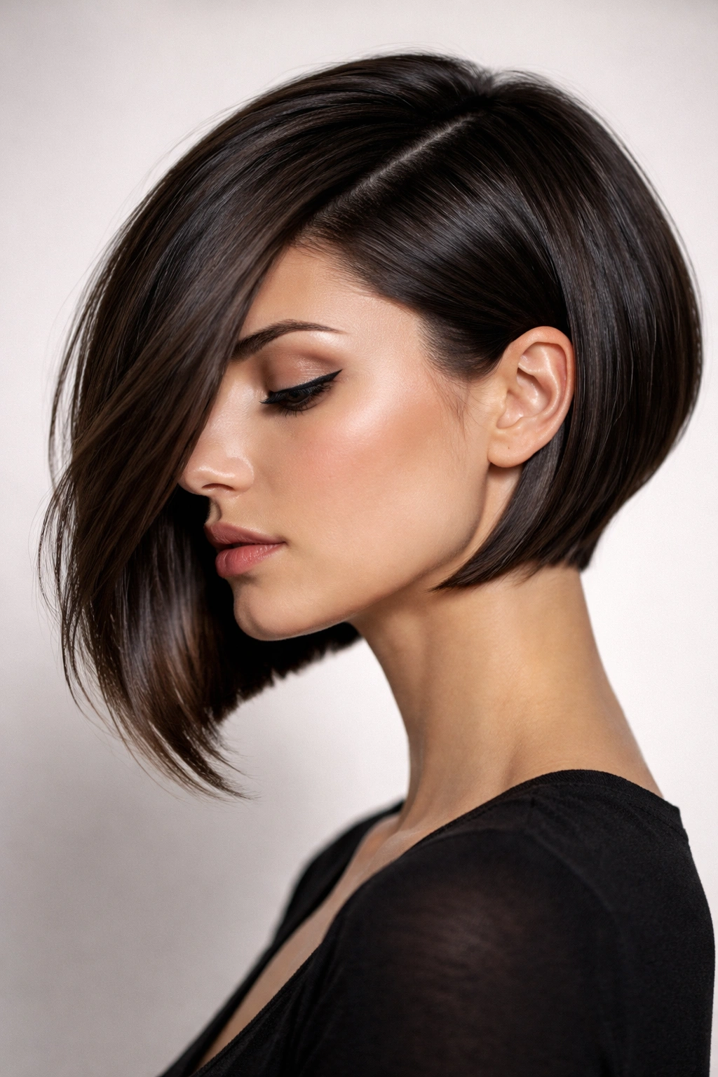 Riviera bob with a deep side part, sleek dark hair