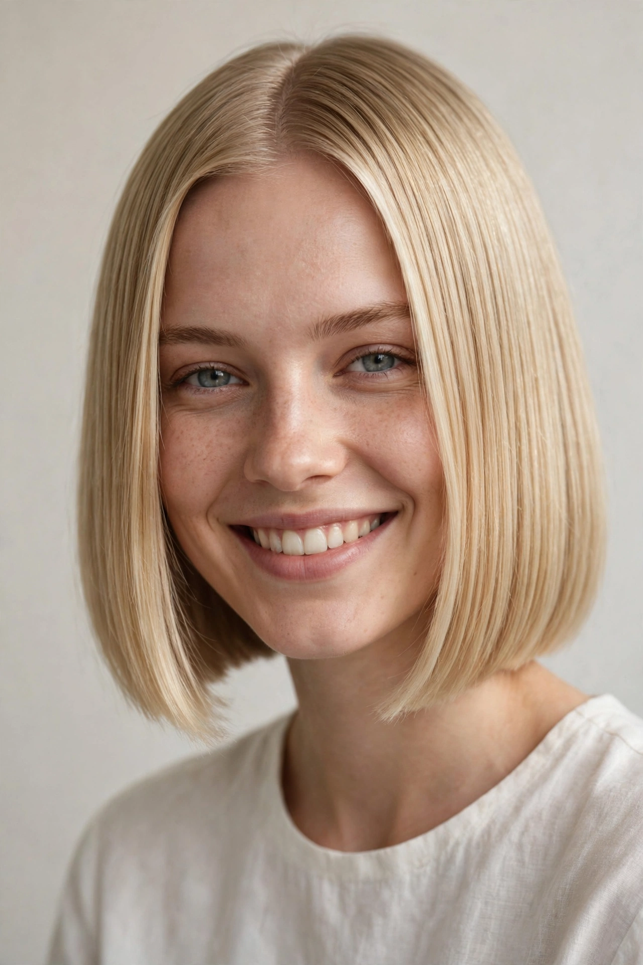 Happy woman with flawless scandi bob haircut