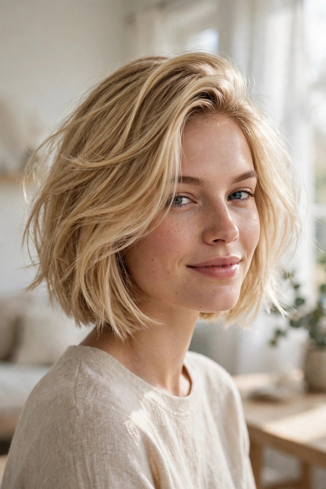 Woman with effortless Scandinavian minimalist chin-length scandi bob
