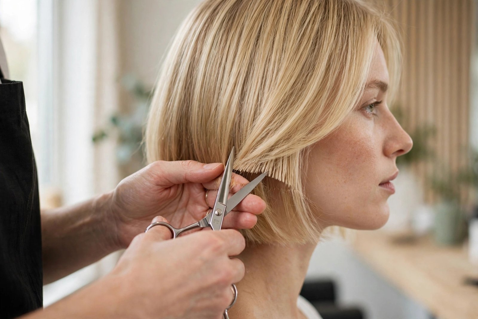 Hairstylist trimming a chin-length scandi bob in salon