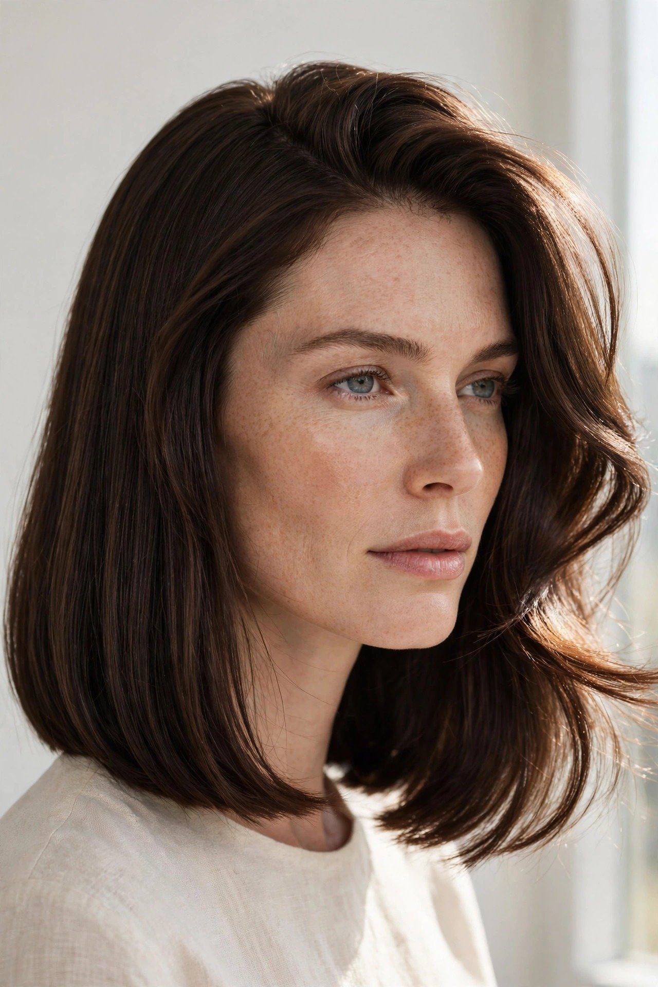 Scandi lob long bob in chocolate brunette
