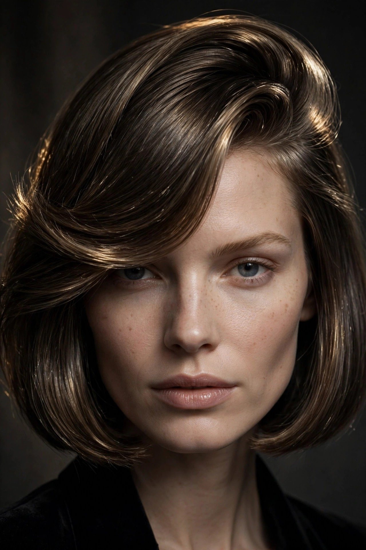 Elegant deep side part scandi bob