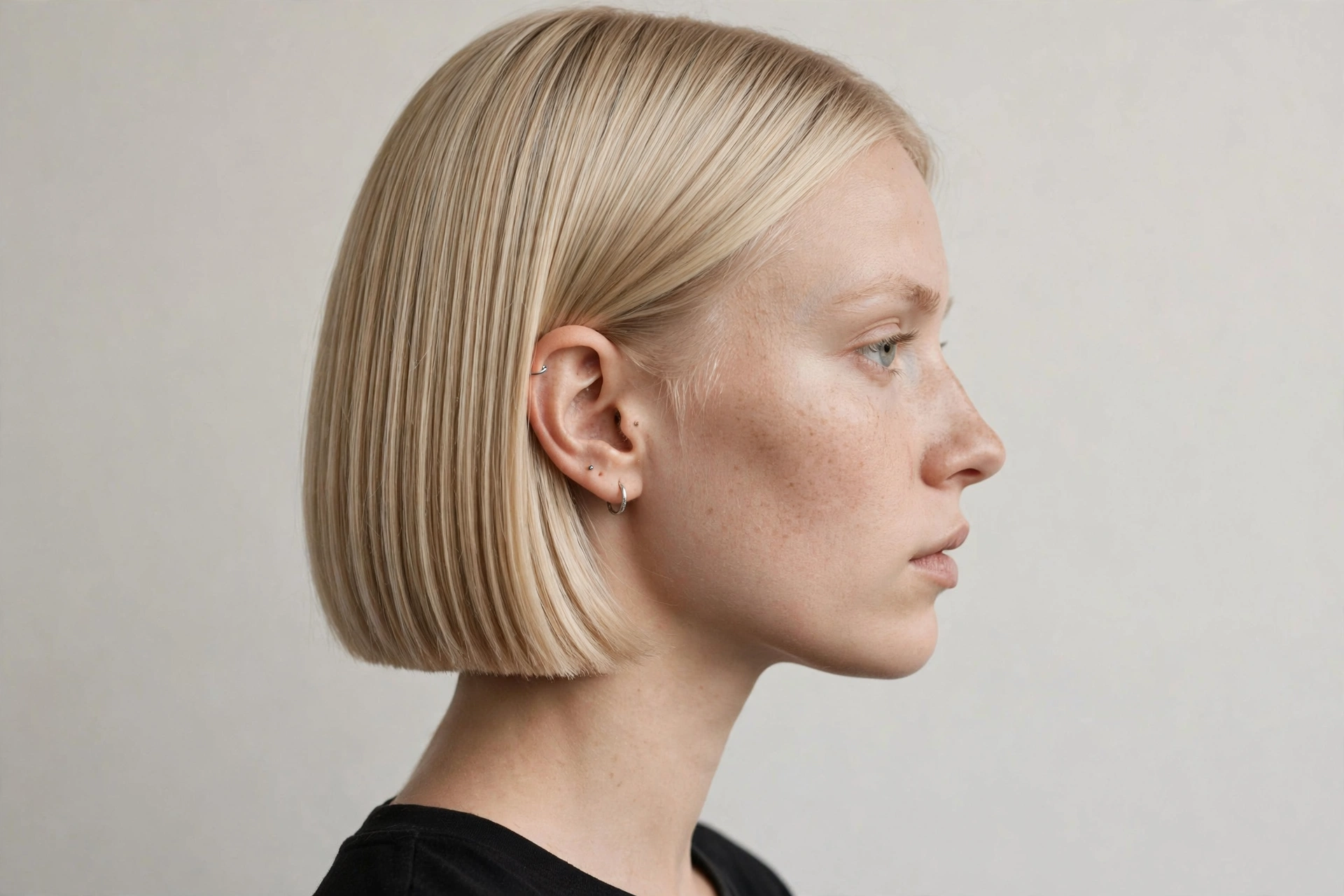 Close-up of the clean blunt perimeter of a scandi bob haircut