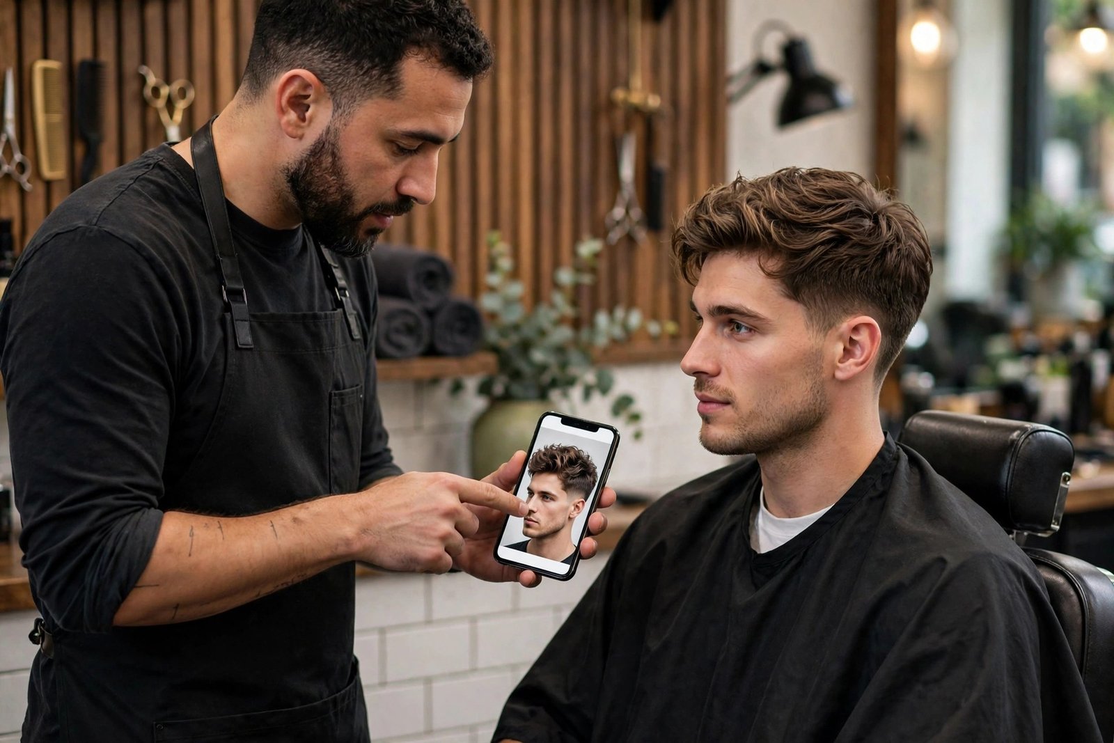 Barber consulting with a male client in a barbershop, pointing at a photo reference, professional atmosphere