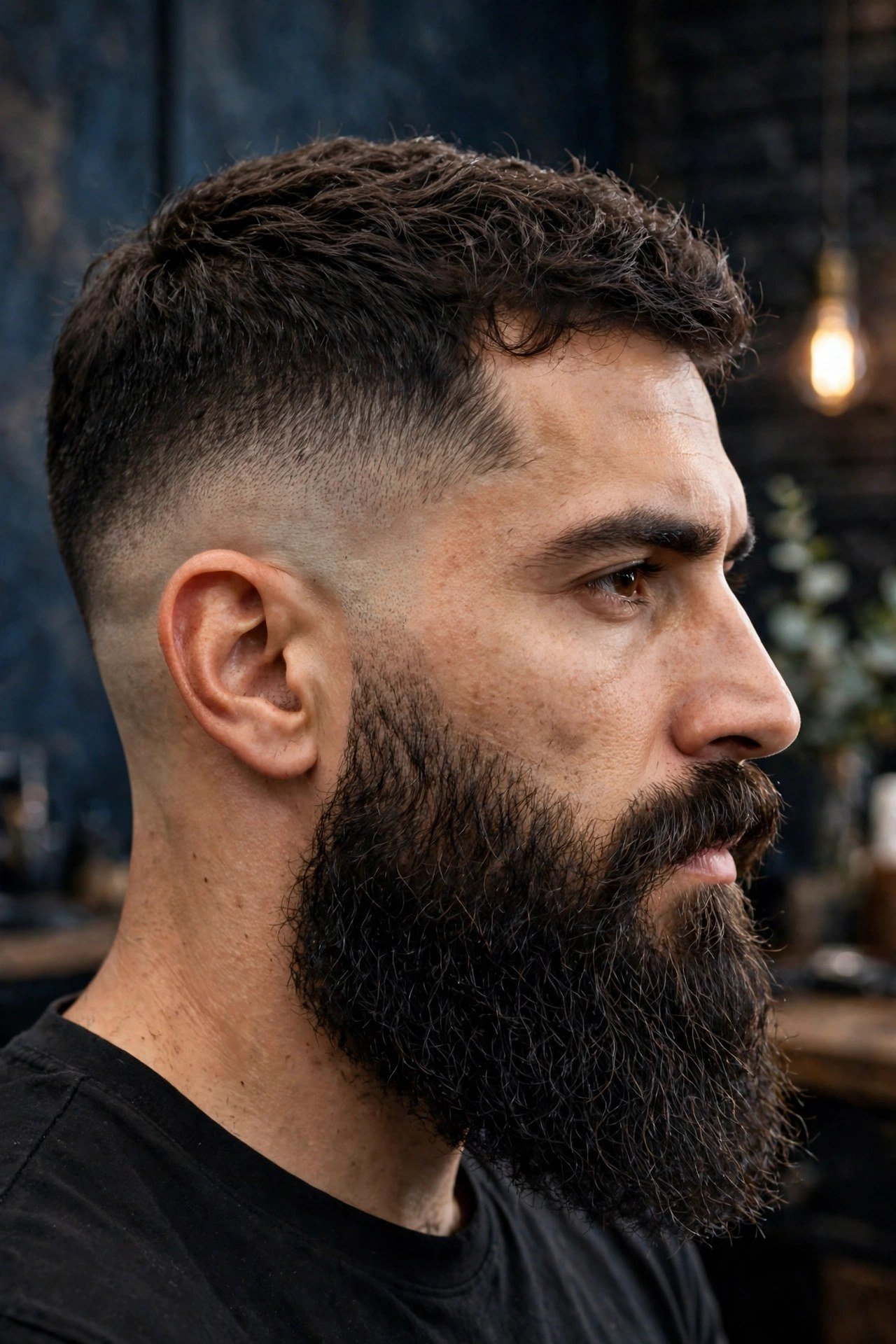 Man with a shadow fade and full beard, side view showing the seamless blend between the fade and the beard
