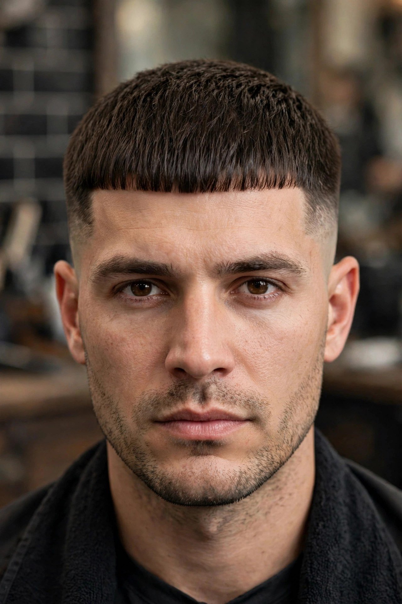 Man with a short caesar cut and shadow fade, front view showing the straight fringe and soft gradient sides