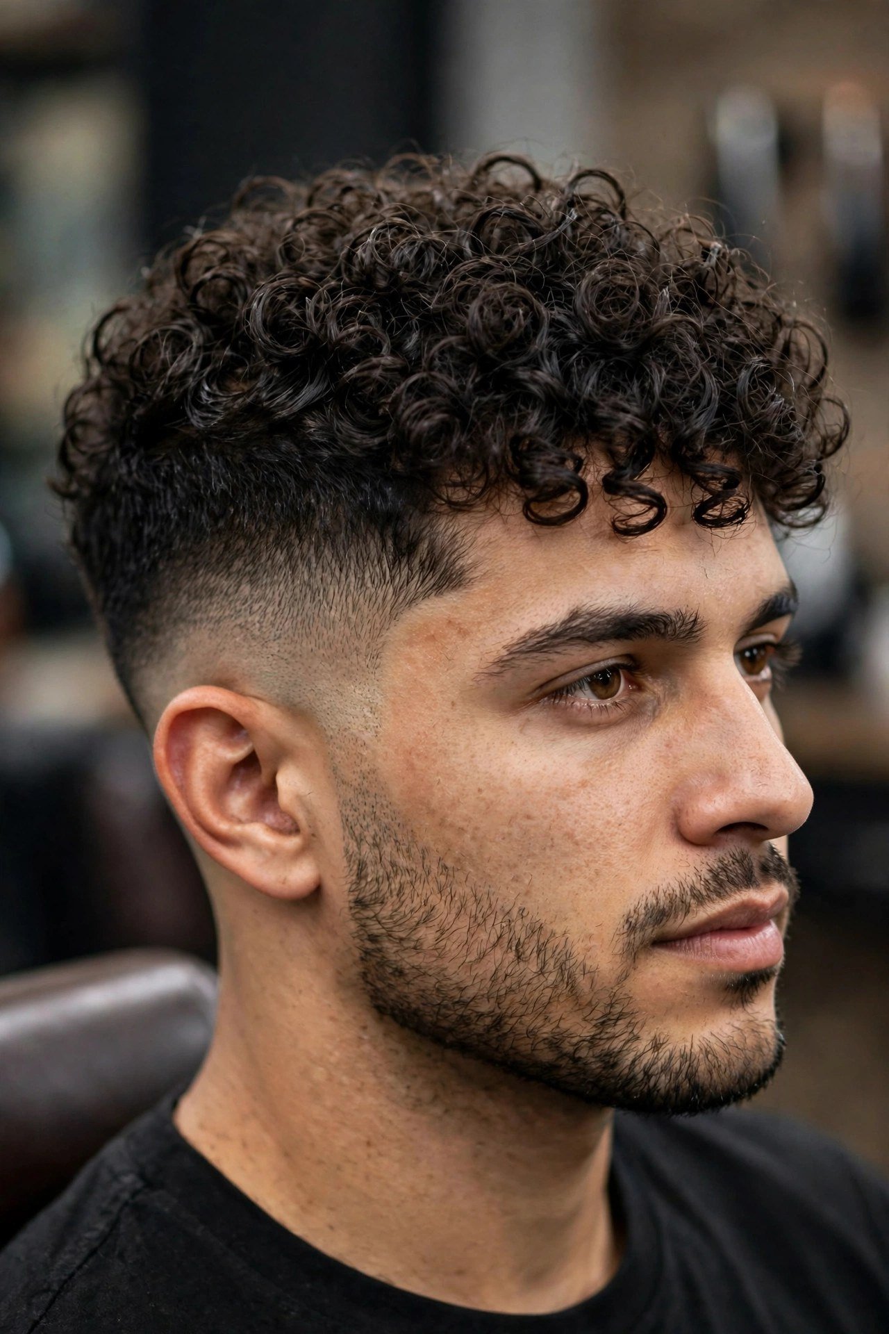 Man with curly top and shadow fade, three-quarter view showing defined curls melting into the soft gradient sides