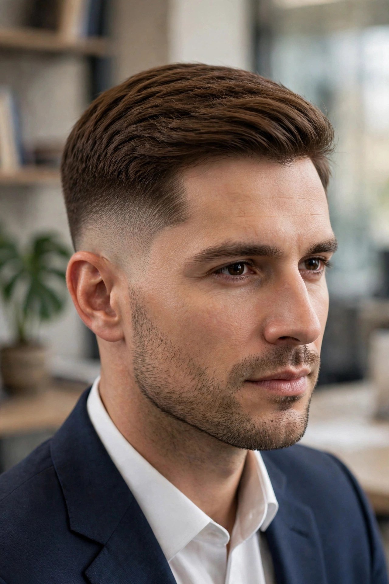 Professional man in a suit with a neat executive shadow fade haircut, office setting, the hair clean and subtle