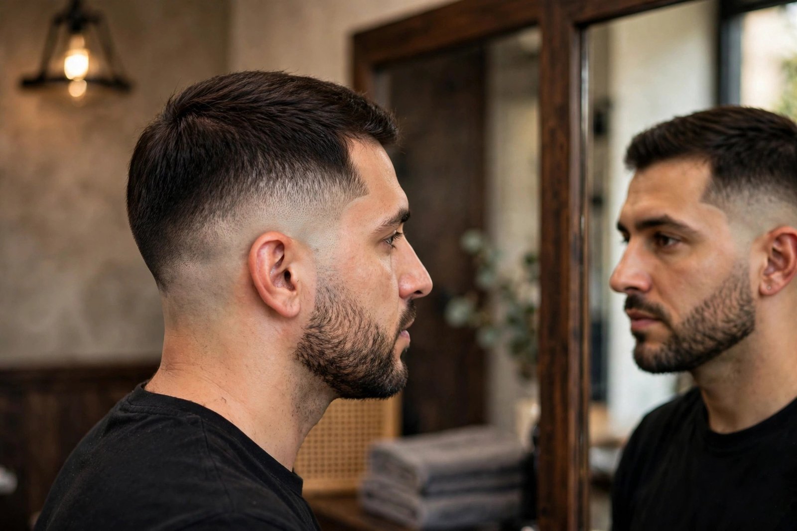 Man checking his shadow fade haircut in a barbershop mirror, side view showing the gradient