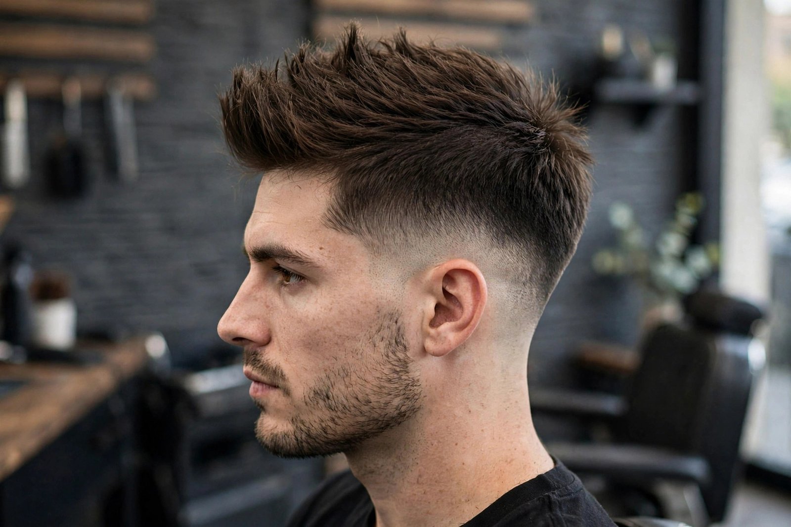 Man with a textured faux hawk and shadow fade, side angle showing the central ridge over the soft gradient