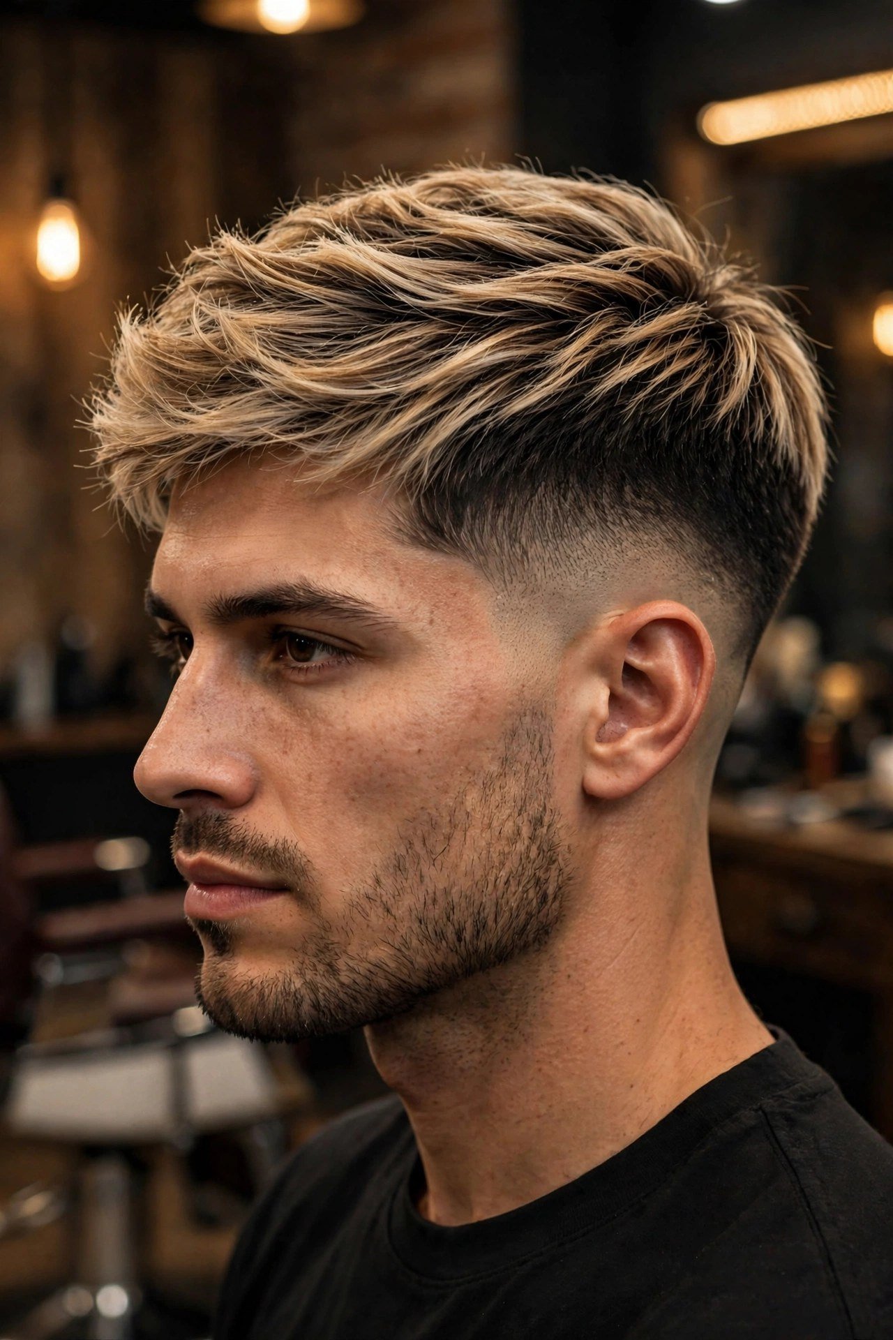 Hero shot of a man with a shadow fade haircut, textured crop on top, three-quarter angle, barbershop lighting