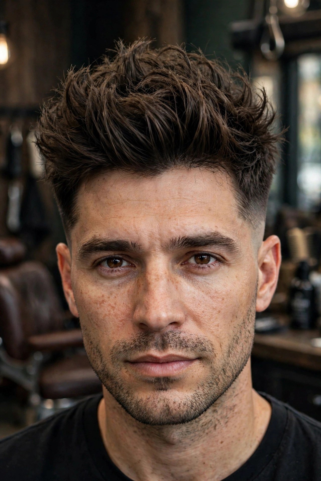 Man with a textured quiff and shadow fade, front angle showing the volume on top and soft gradient sides