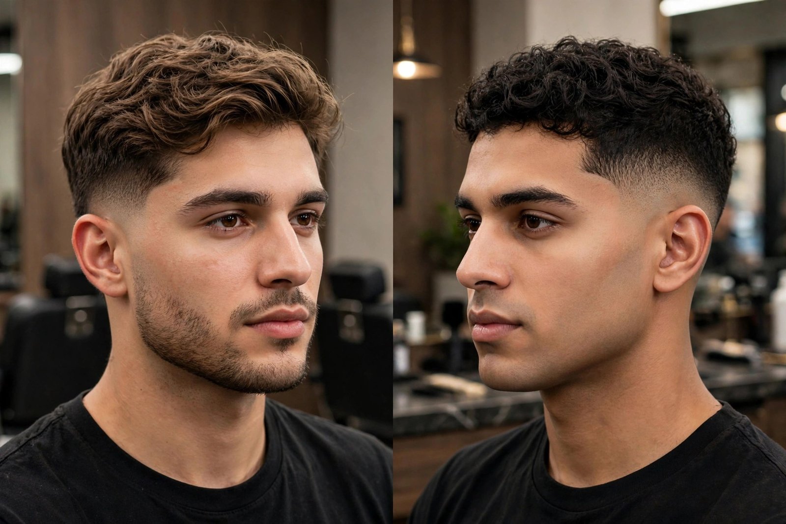Side-by-side comparison of a shadow fade and a skin fade on two men, soft stubble gradient versus bare skin