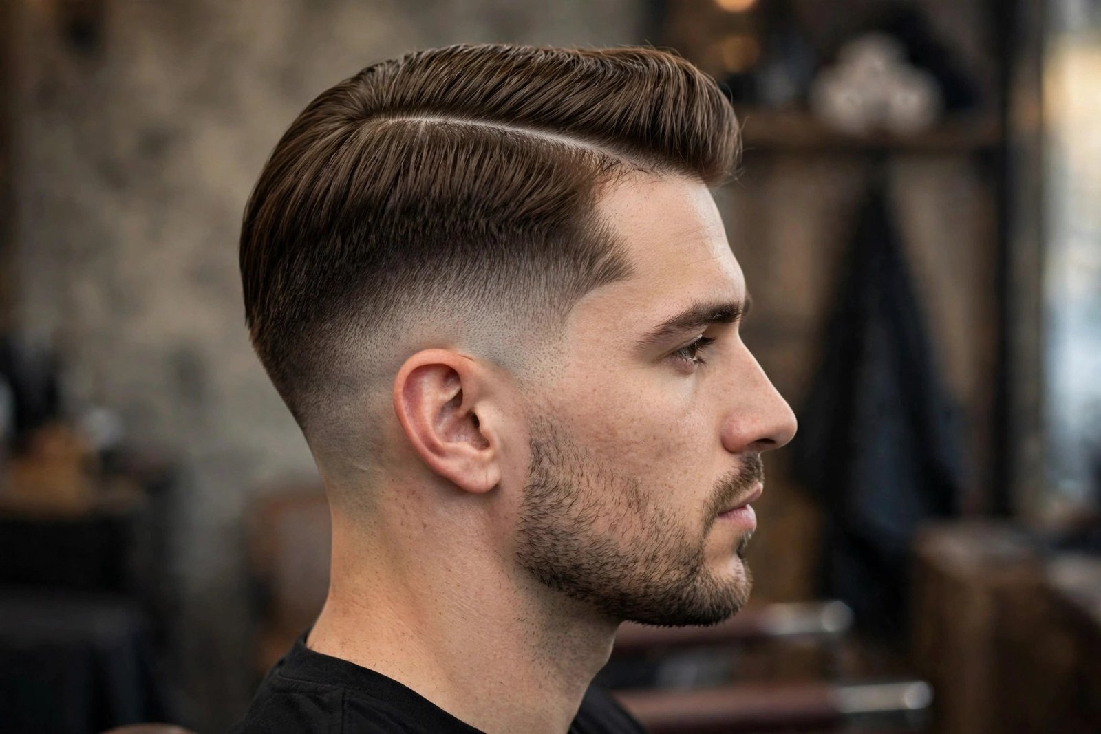 Man with a classic side part and shadow fade, side profile showing the part line and soft gradient