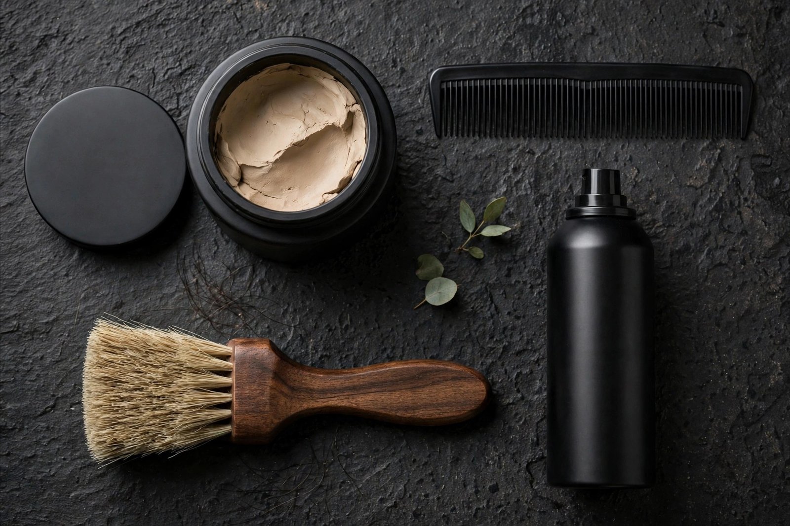Flat lay of men's hair styling products - matte clay, comb, brush, spray - on a dark barbershop counter