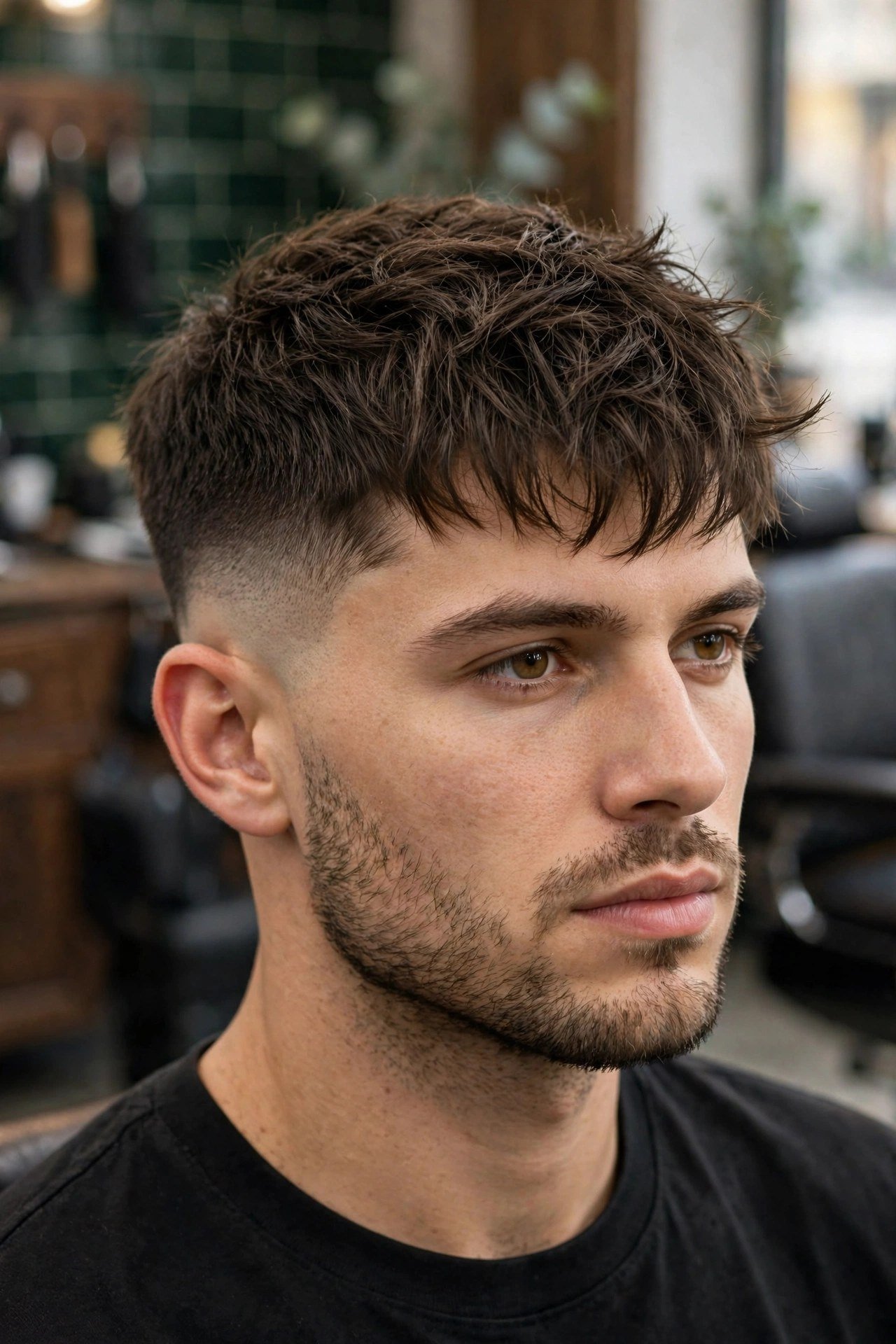 Man with a textured crop and shadow fade, front three-quarter view showing the fringe and soft gradient sides