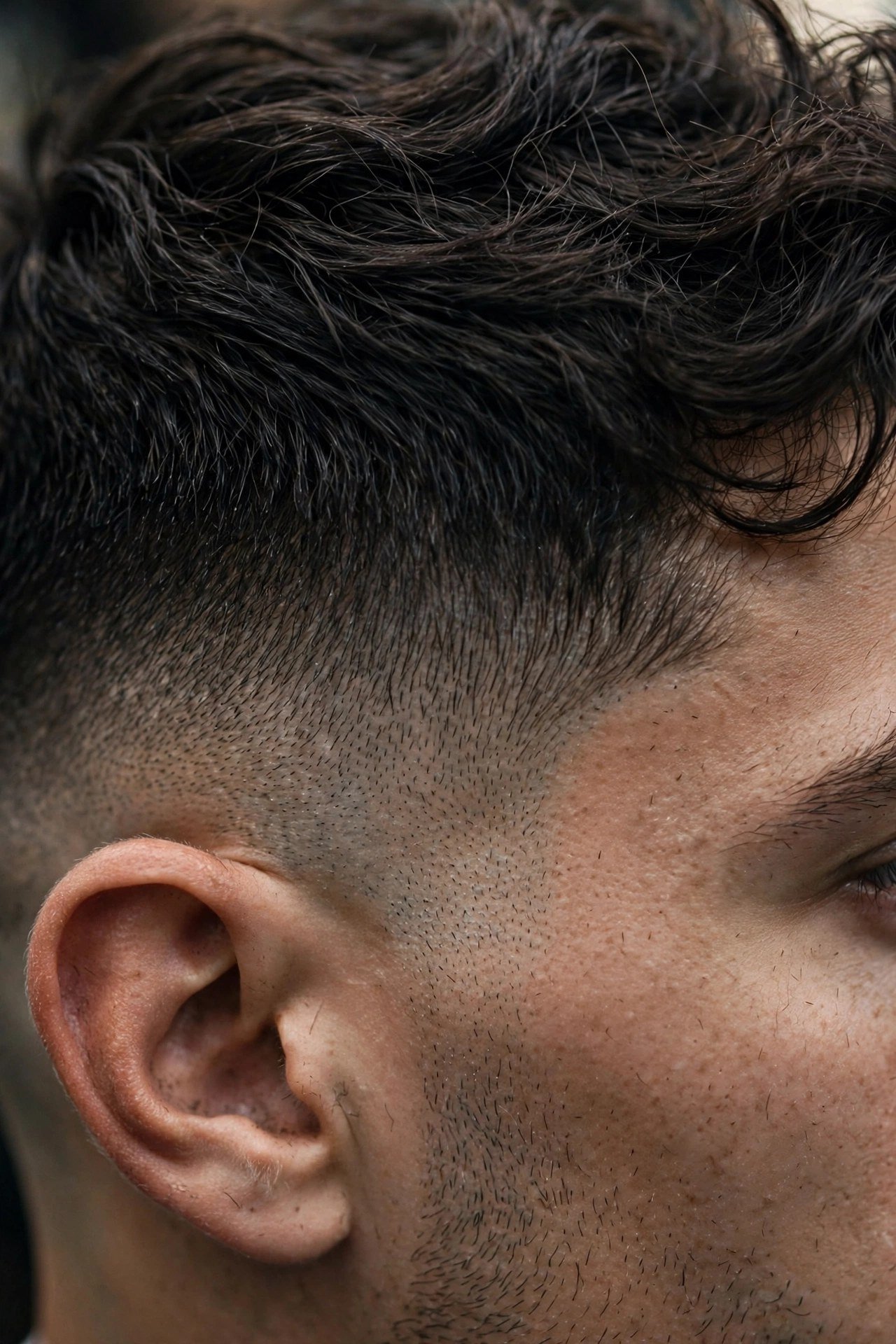 Close-up detail of a shadow fade gradient on the side of a man's head, showing the soft dark shadow of hair