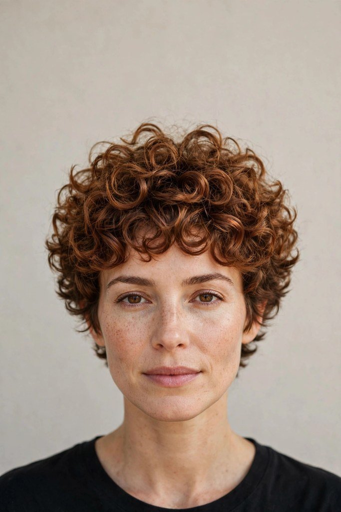 Woman with short curly pixie haircut