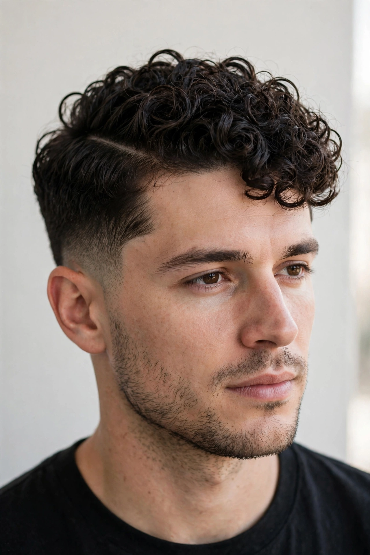 timeless classic side part on a well-groomed man in a suit, hair combed with clean shine, neutral studio background