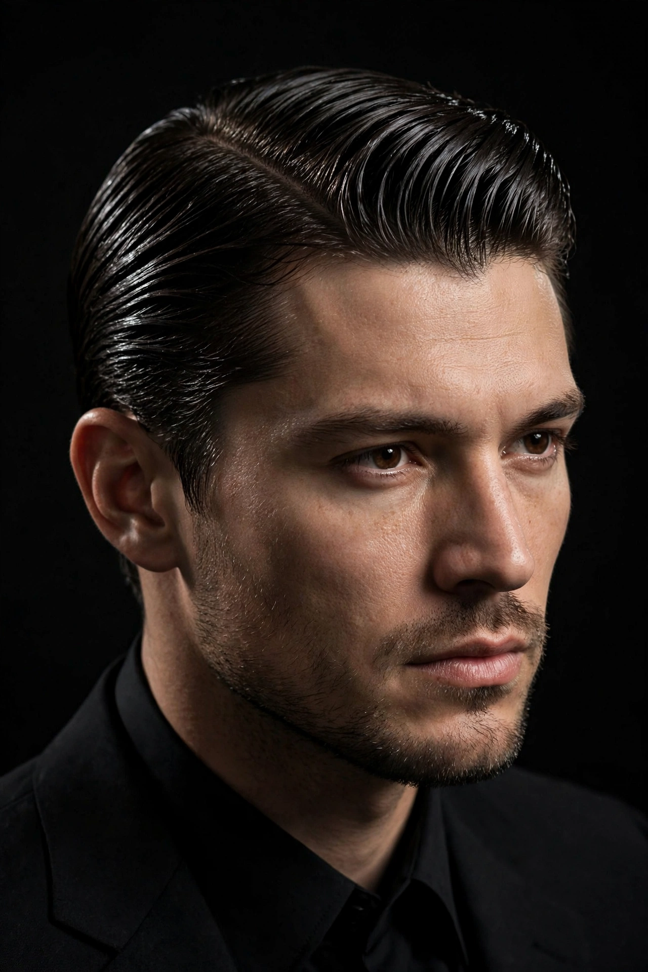 man with a sharp side part and low skin fade, crisp fade line visible, modern barbershop portrait