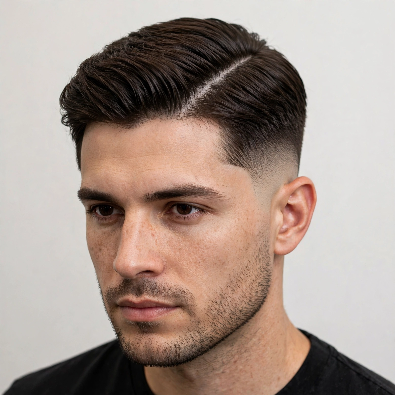 young man with a textured messy side part, tousled natural hair movement, soft daylight portrait