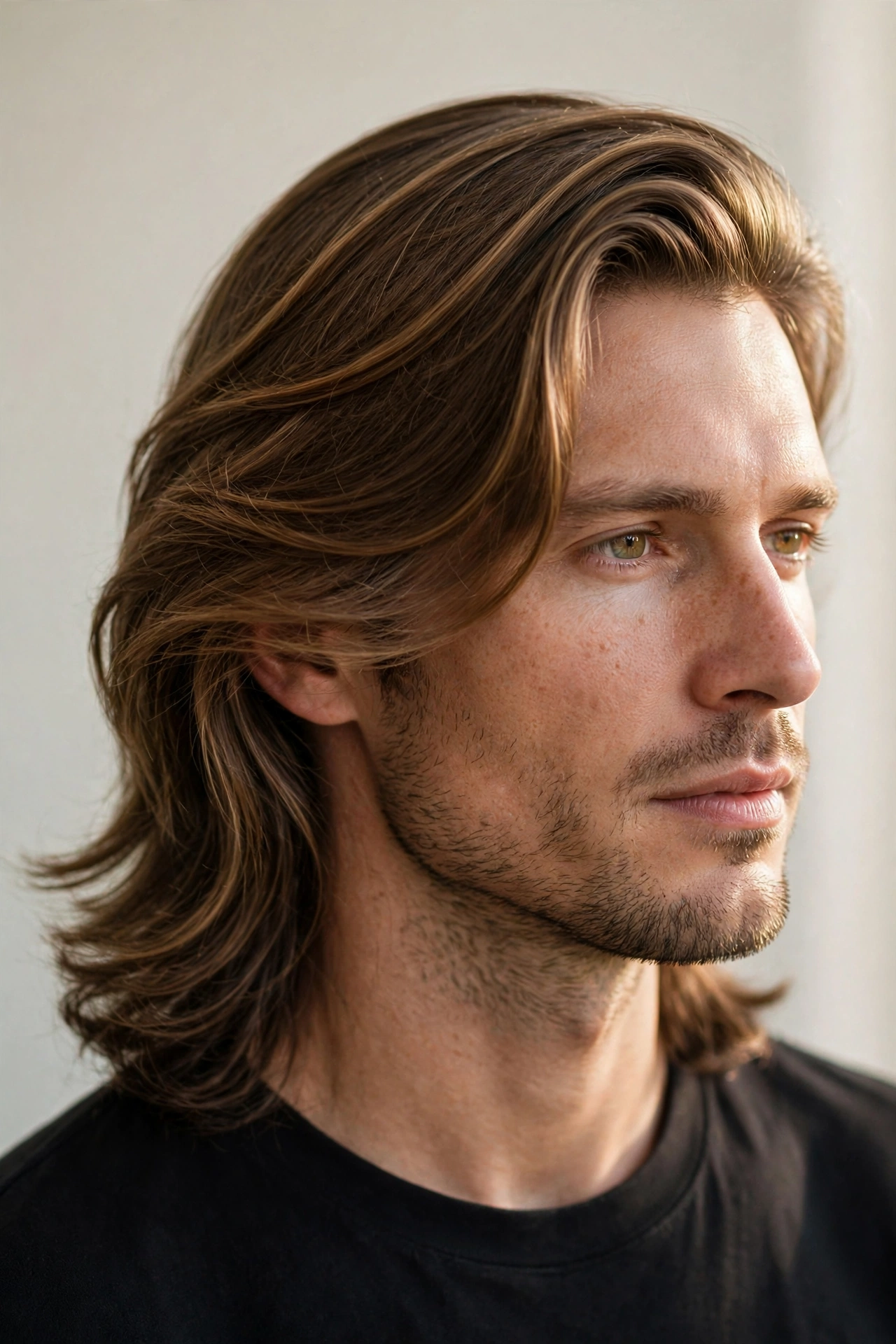 bearded man with a neat side part haircut, full well-groomed beard, masculine premium portrait