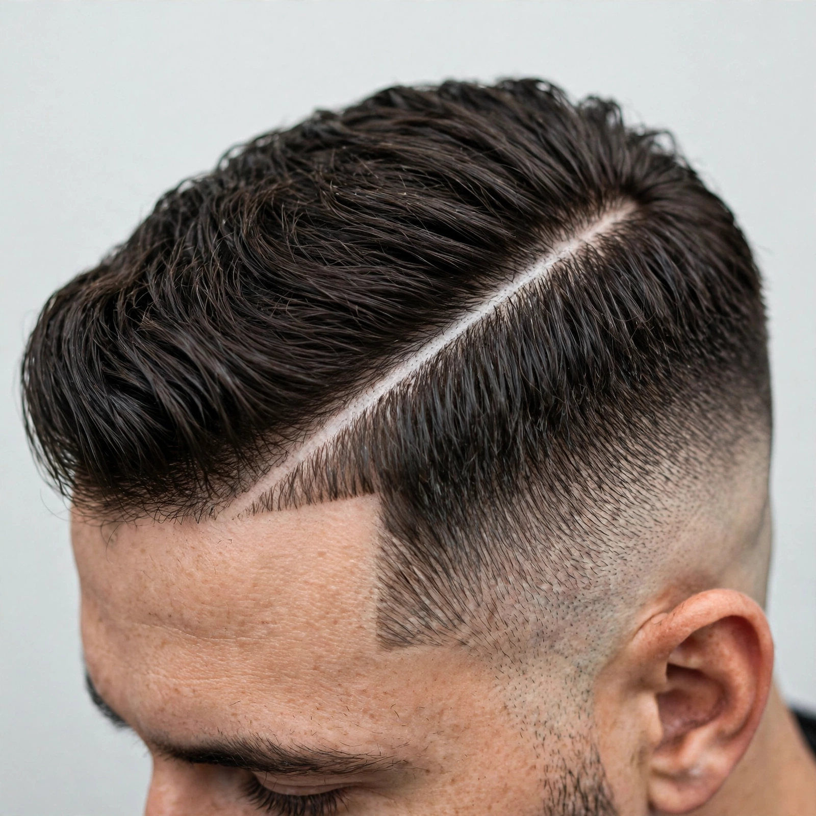 man with naturally wavy hair in a side part, waves flowing to the side, soft natural light