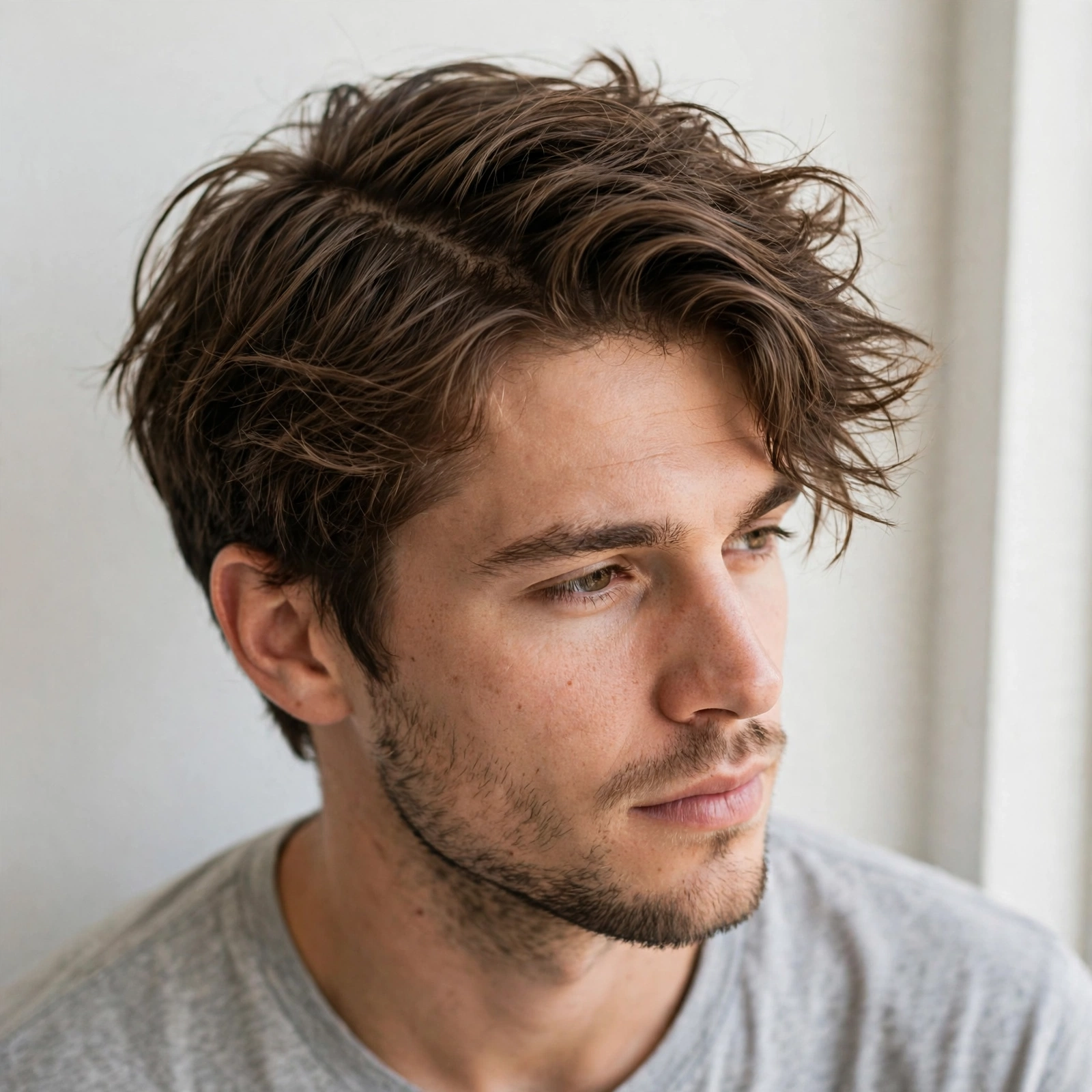 man with curly hair styled in a defined side part, curls full on top, clean tapered sides