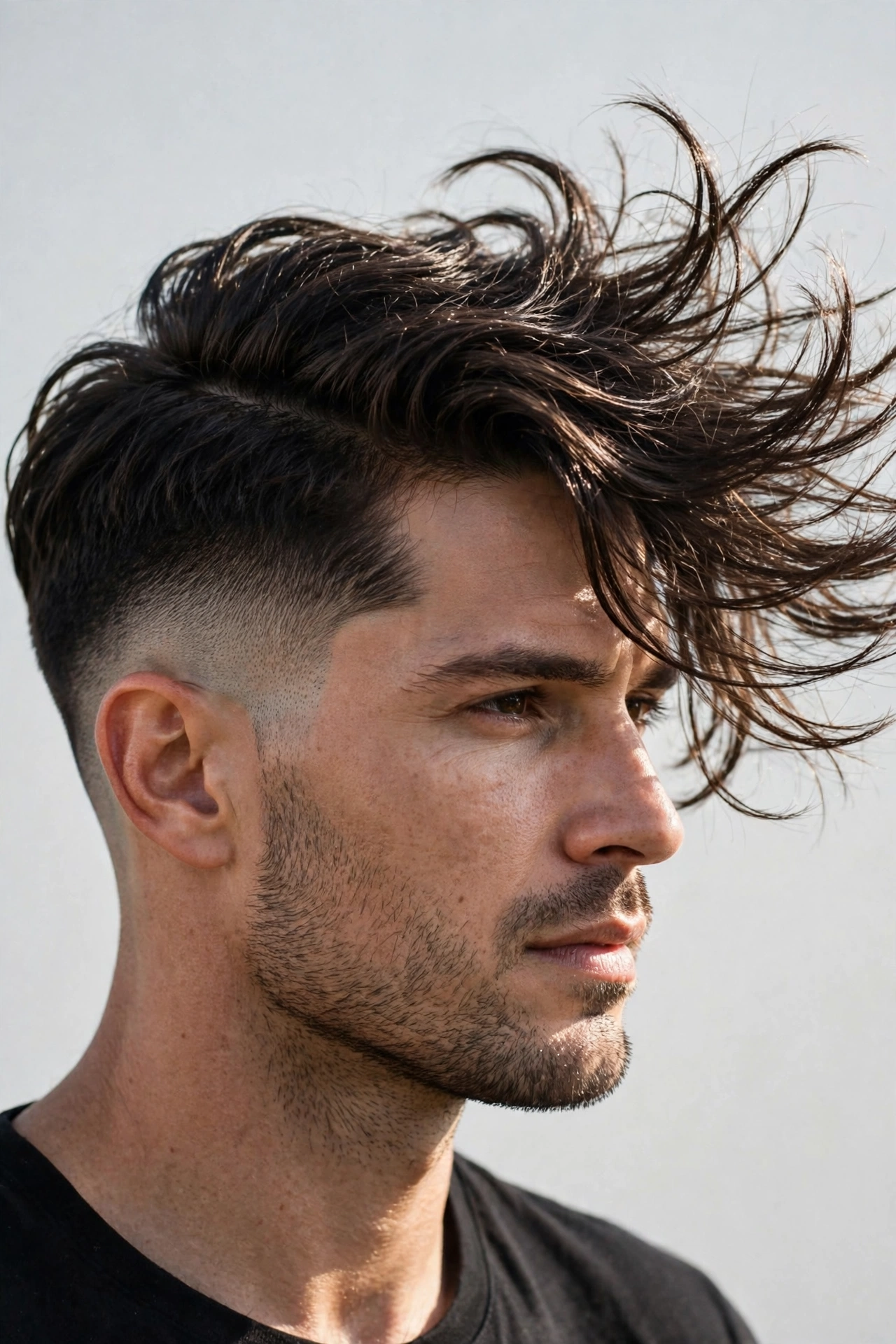 man with a slicked glossy side part, wet-look shine, dramatic studio lighting, formal look