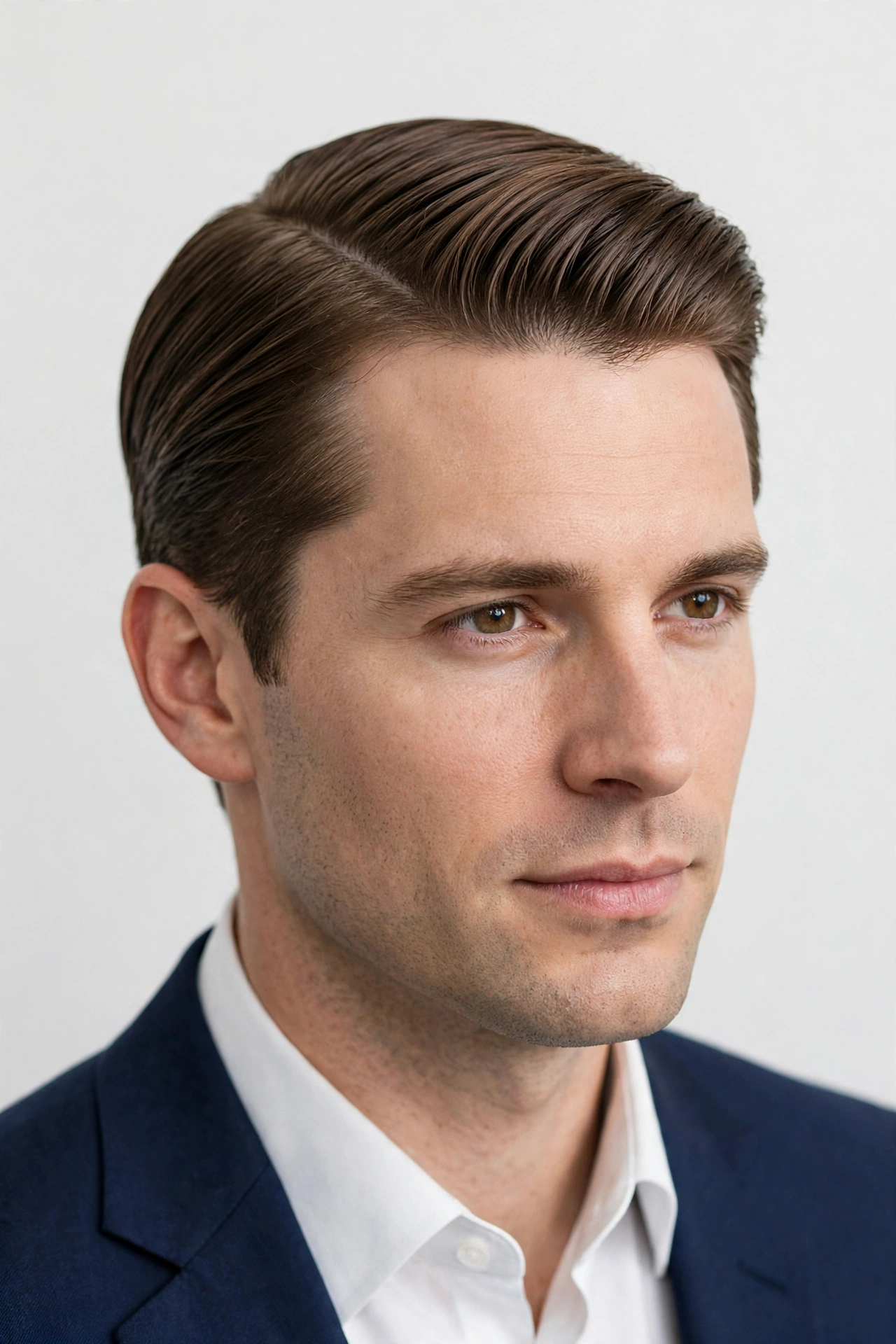 man with longer hair in a flowing side part, hair sweeping past the ears, artistic natural light portrait