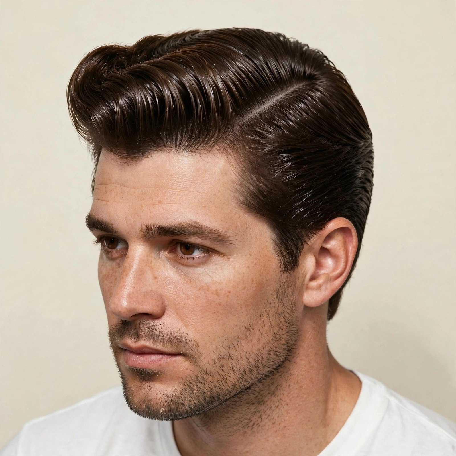 man with a razor-sharp hard part line shaved into a side part haircut, ultra-defined part, close-up detail shot