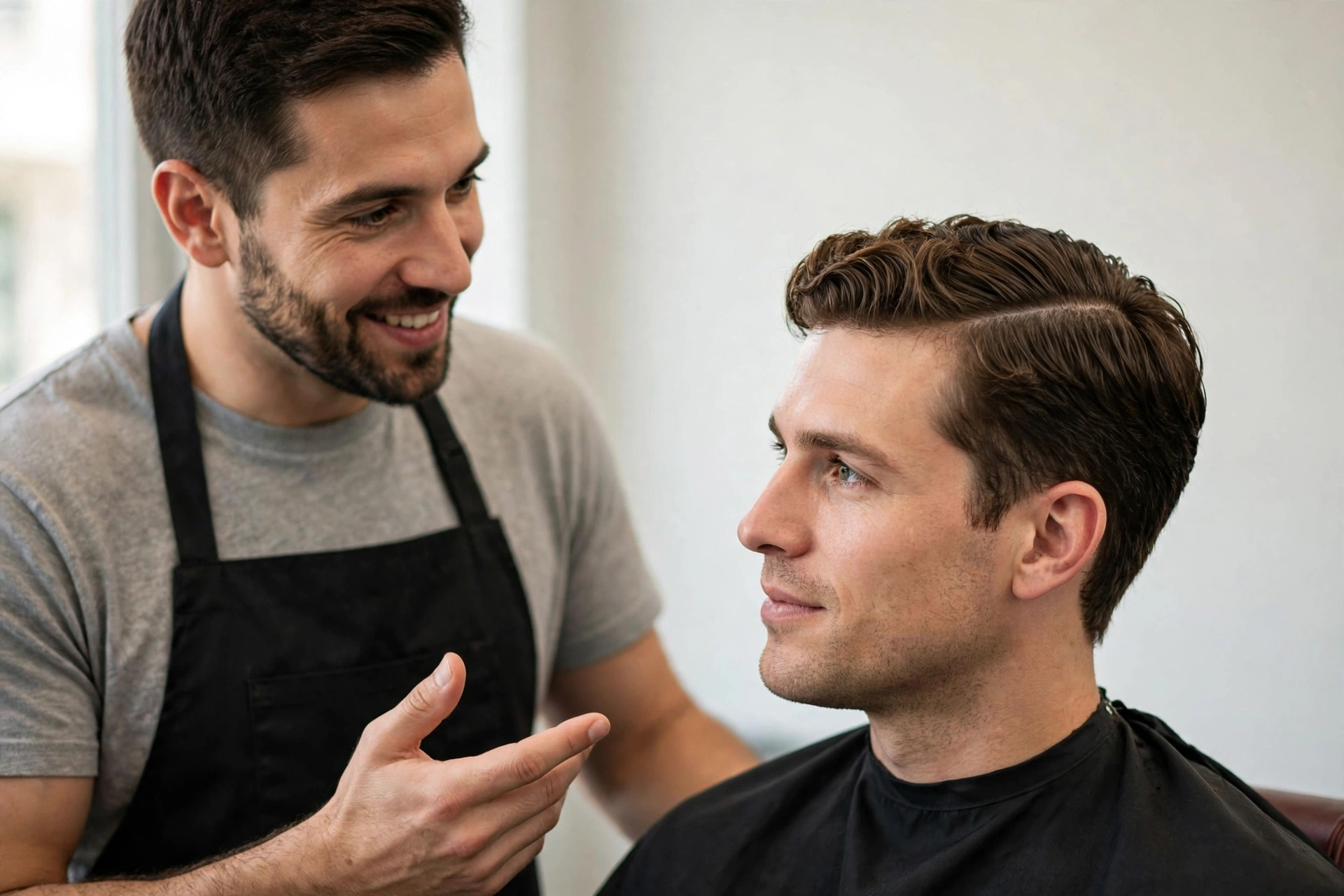 man with a relaxed messy side part, tousled bedhead texture, casual lifestyle photography