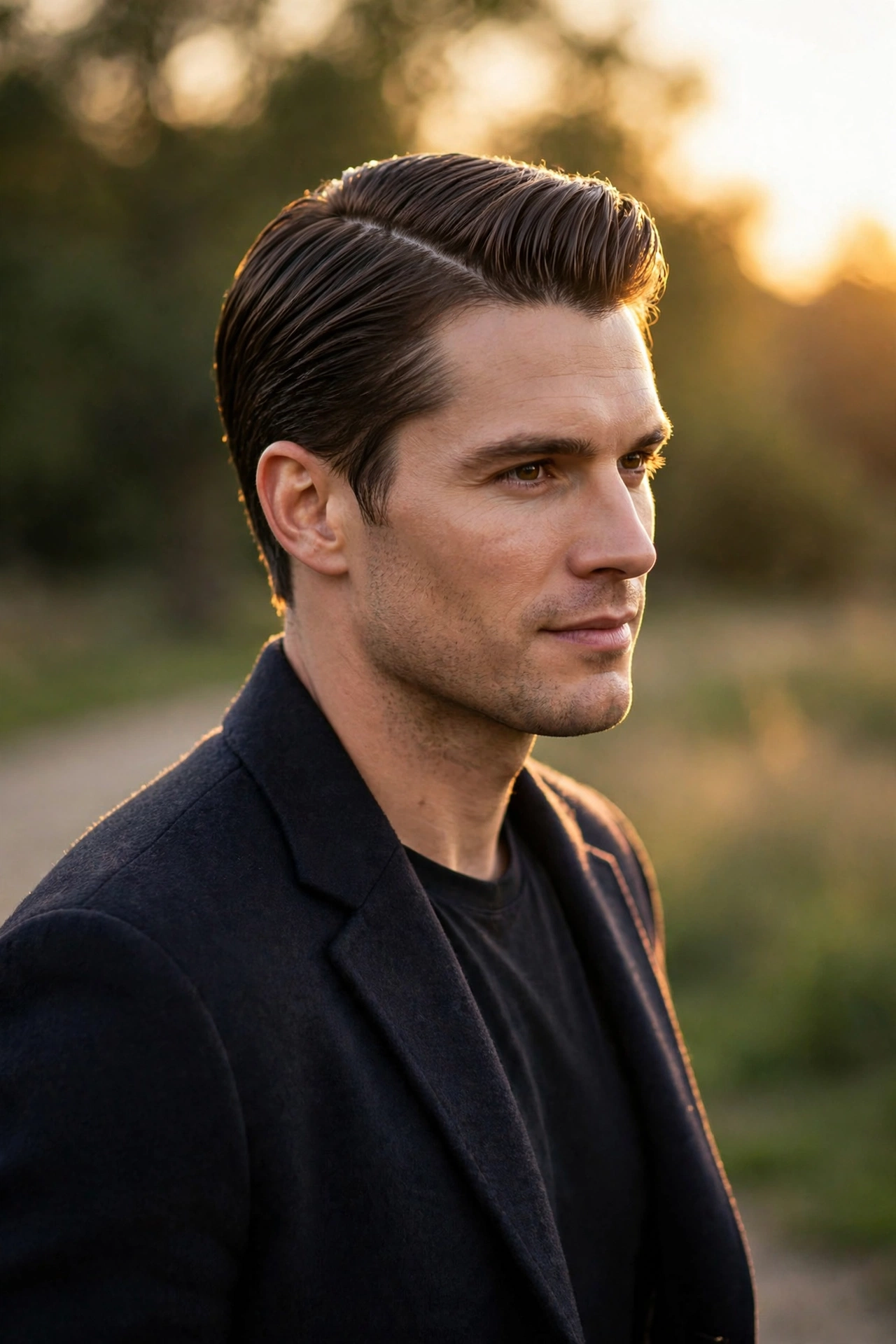 man with a retro 1950s-style side part, classic pompadour-adjacent volume, vintage barbershop aesthetic