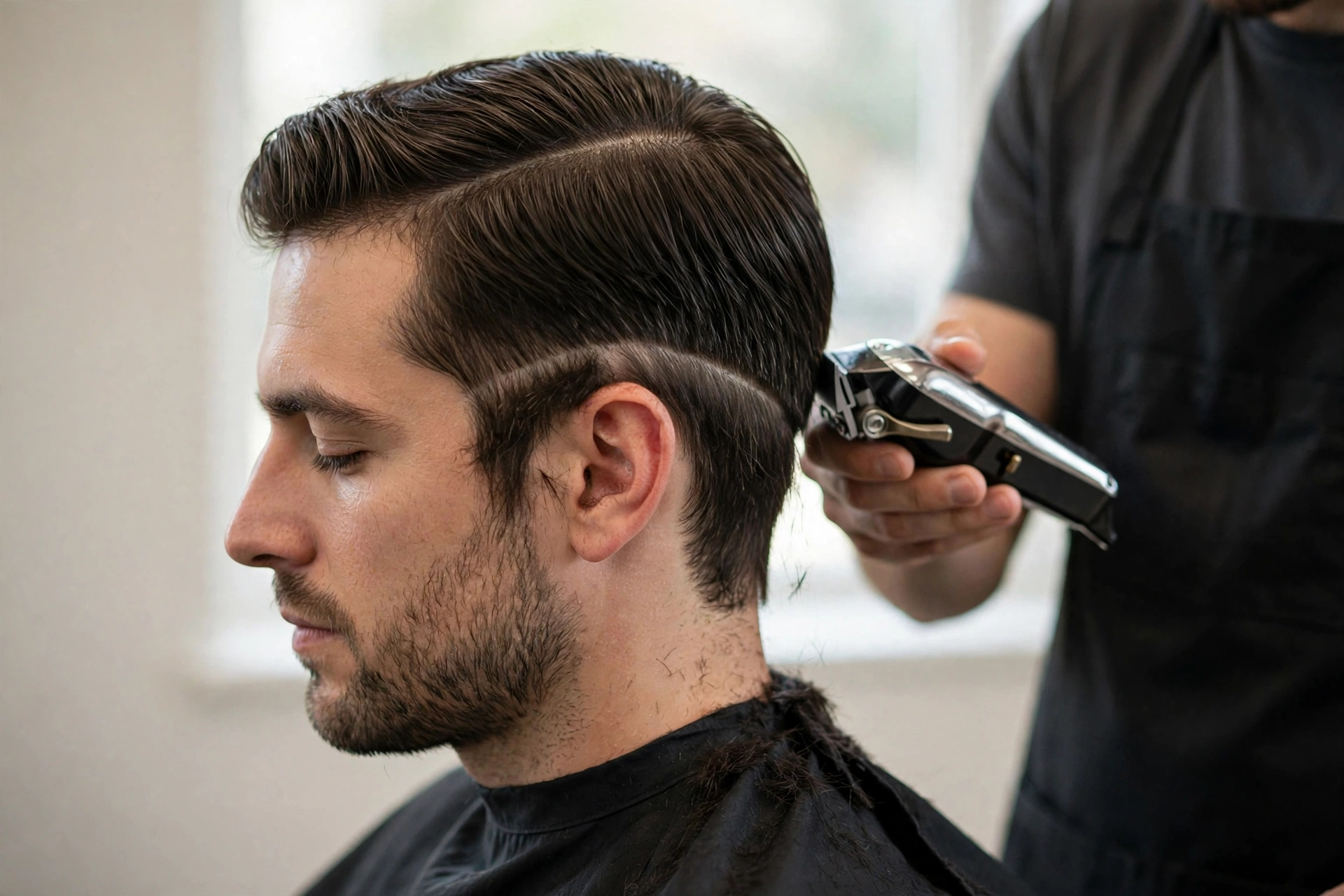 three male models with different face shapes all wearing side parts, comparison-style studio photography