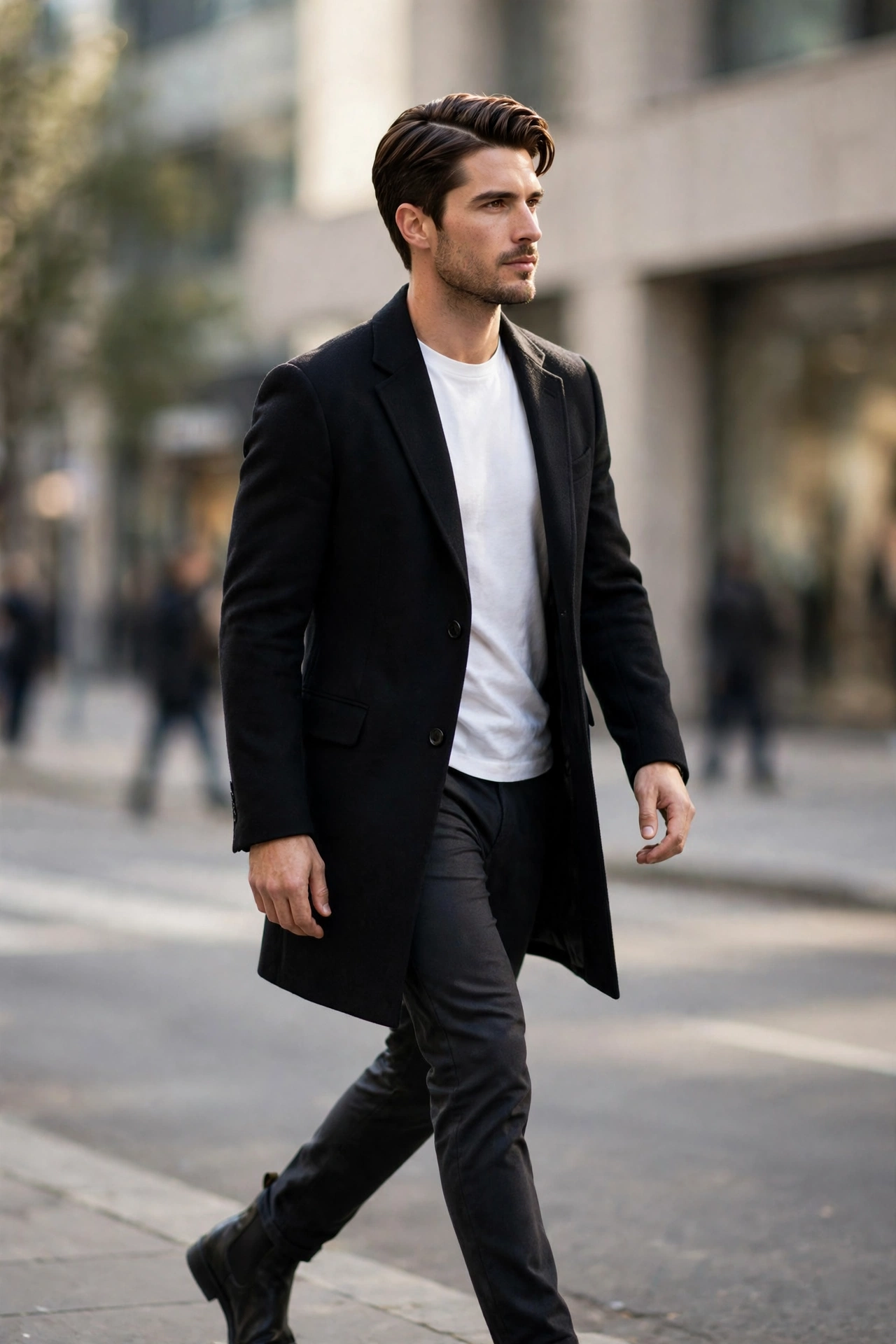 confident man with a flawless side part walking outdoors, golden hour light, premium portrait