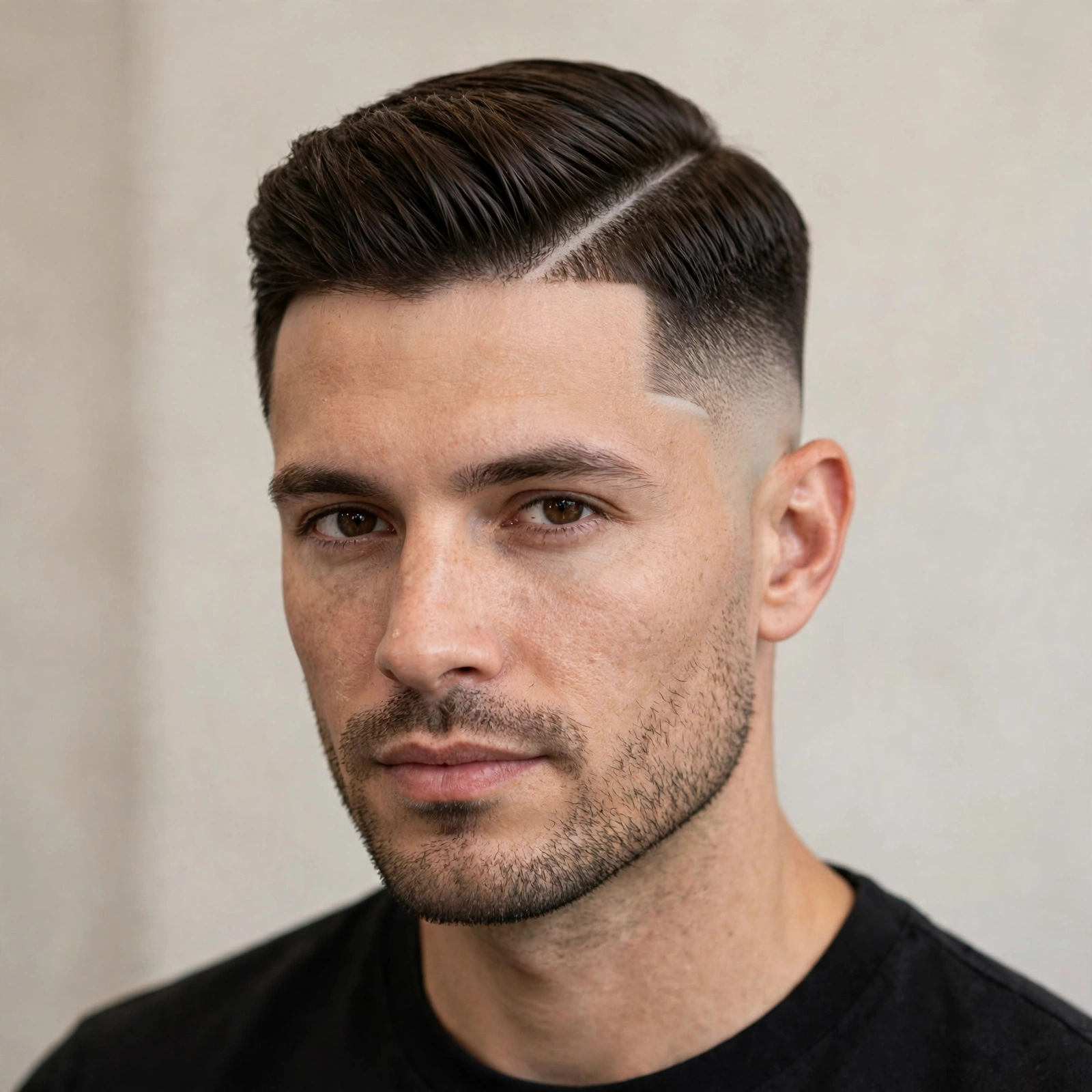 striking hero photo of a male model with a polished classic side part, premium barbershop photography