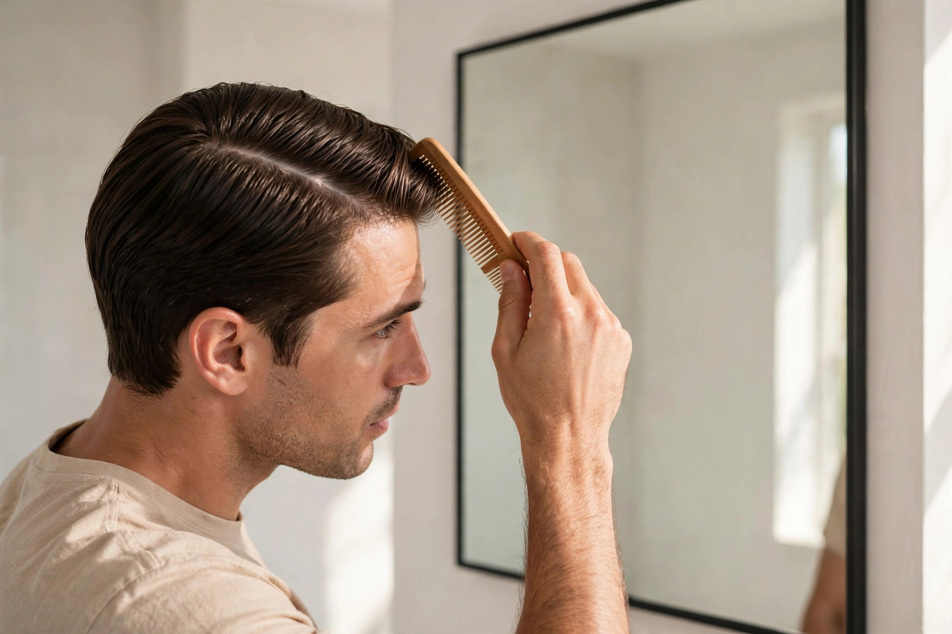 barber trimming a man's side part with clippers, maintenance haircut in progress, barbershop scene