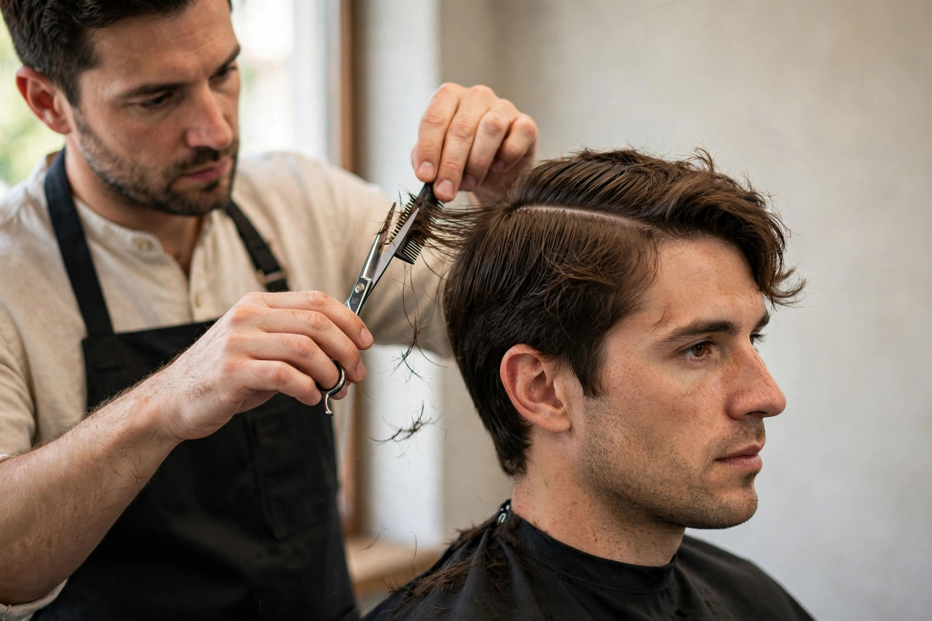 man styling his side part at home with a comb in front of a bathroom mirror, morning routine scene