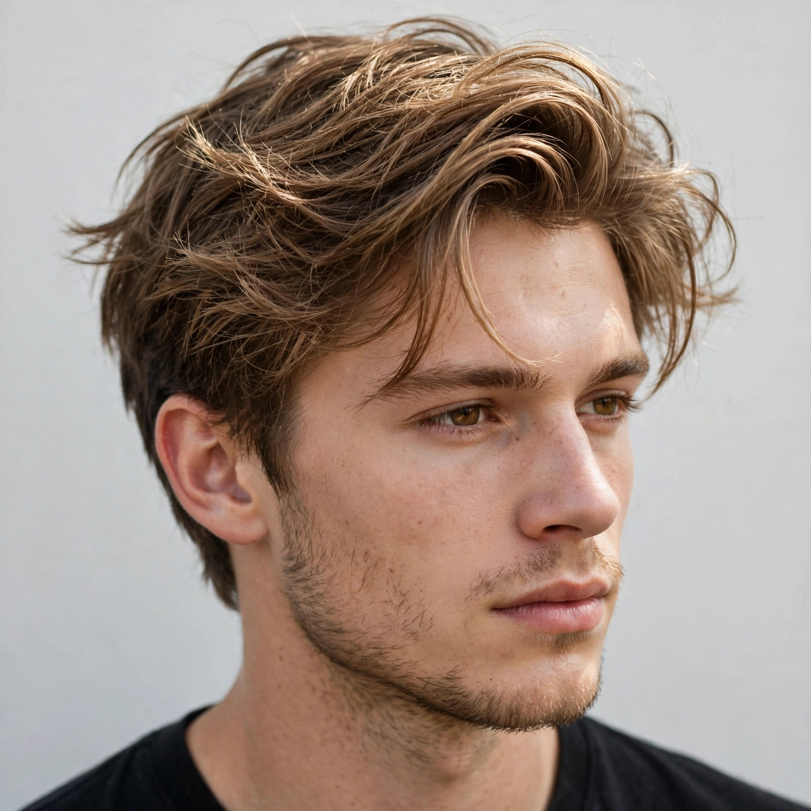 close-up photo showing a defined side part line on a man's head, hair combed neatly to the side, barbershop lighting