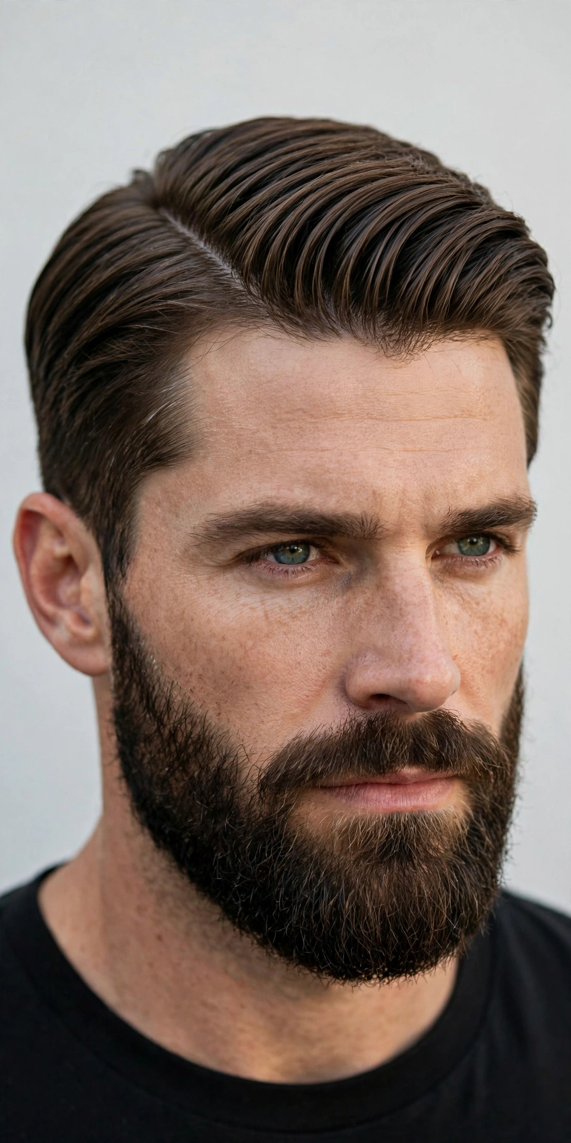 stylish man with a modern side part haircut in a city street, natural daylight, premium men's fashion photography