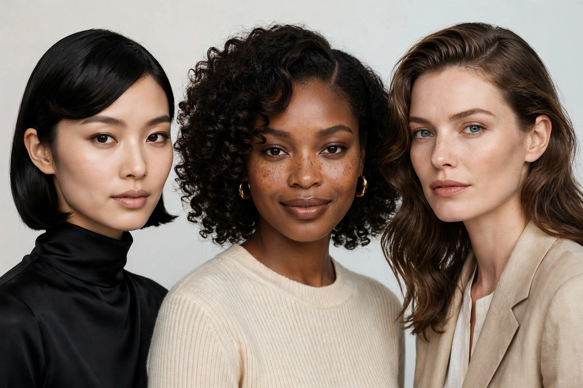 three diverse women with different face shapes each wearing a flattering side-parted hairstyle