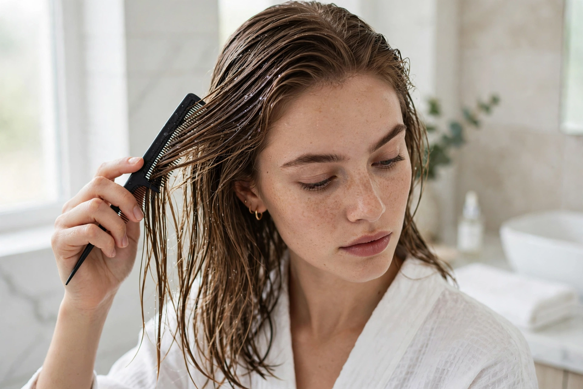 woman parting her damp hair to the side with a comb during styling
